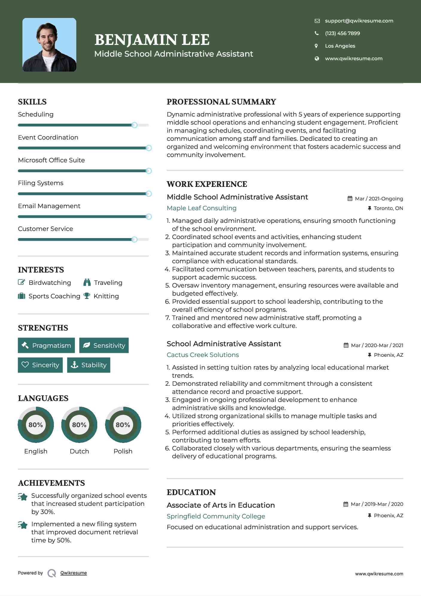 Middle School Administrative Assistant
 Resume Sample