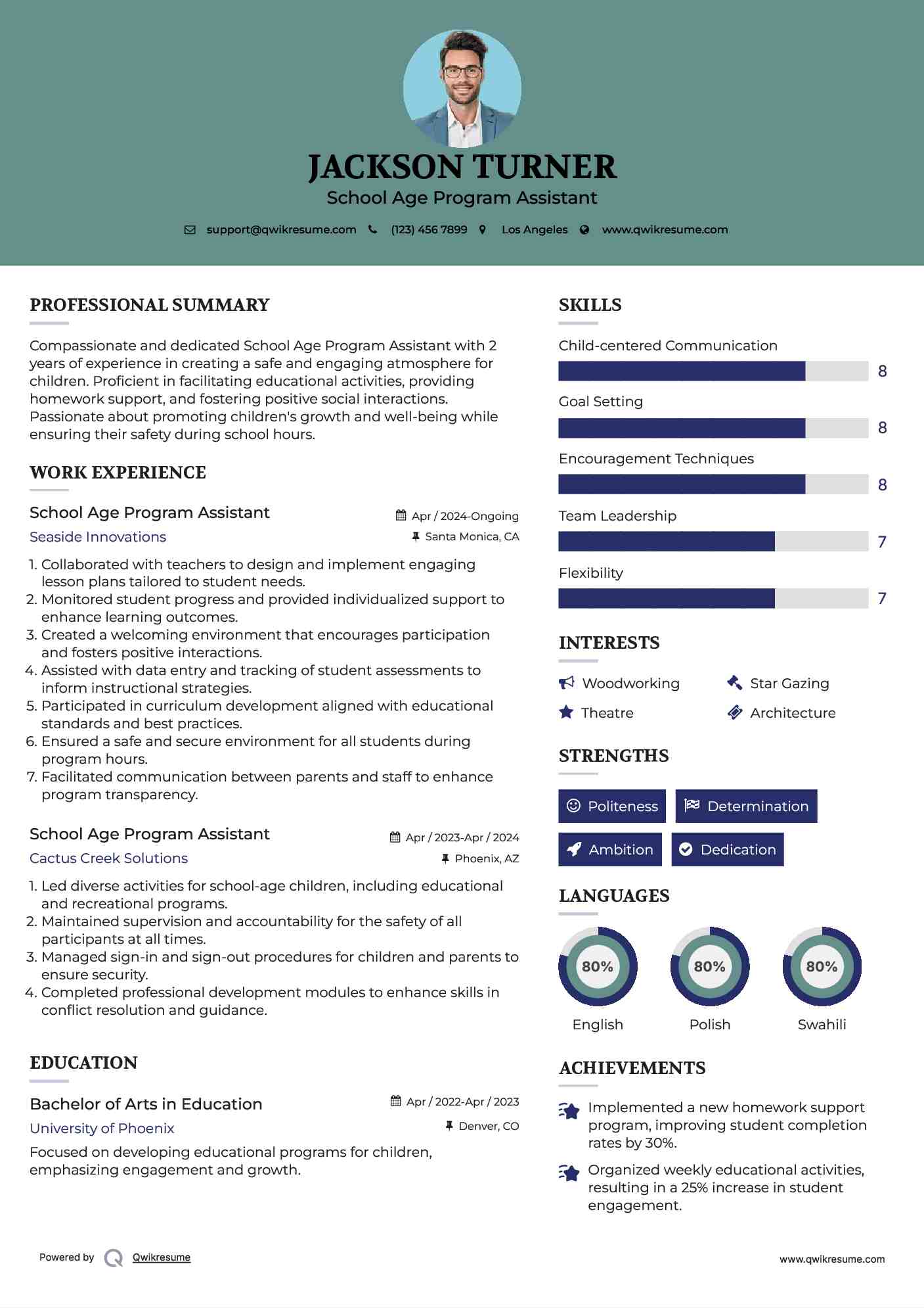 School Age Program Assistant Resume Example