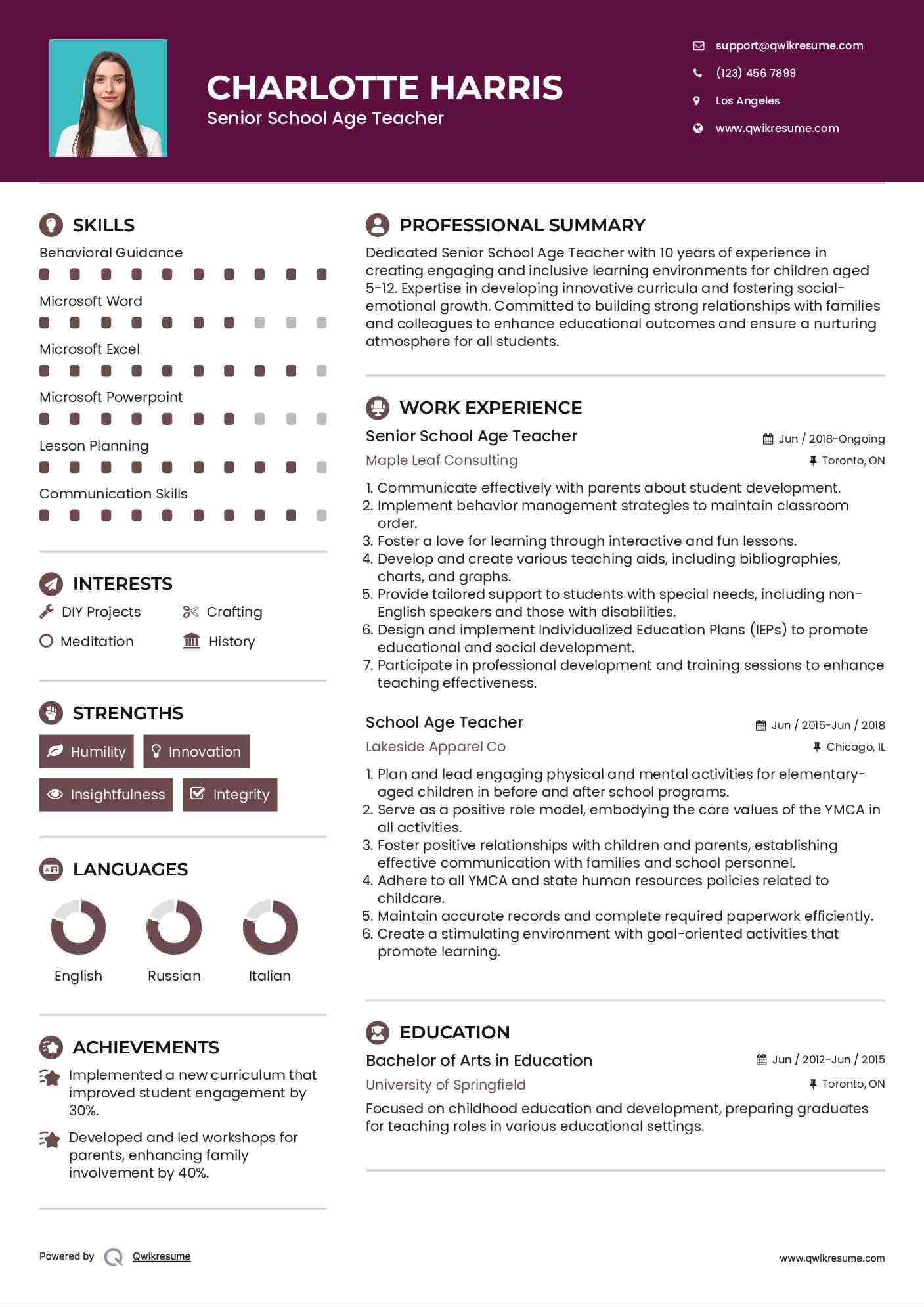Senior School Age Teacher Resume Model