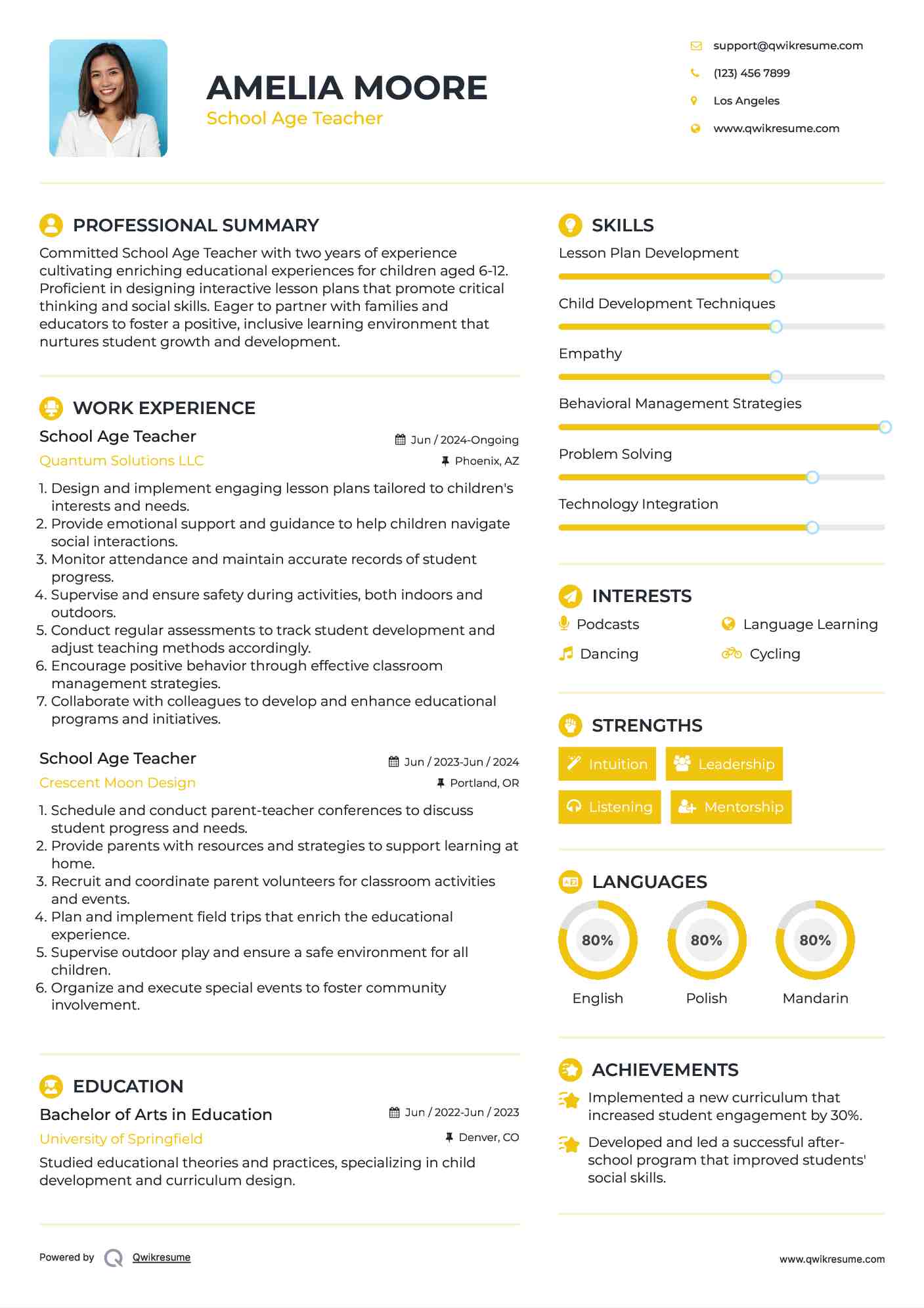 School Age Teacher Resume Example