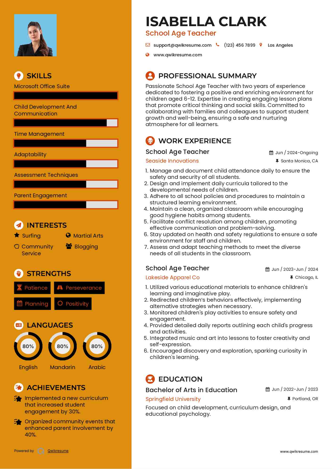 School Age Teacher Resume Model