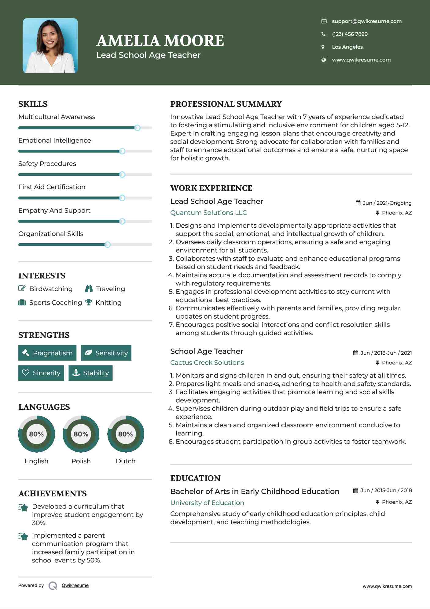 Lead School Age Teacher Resume Model