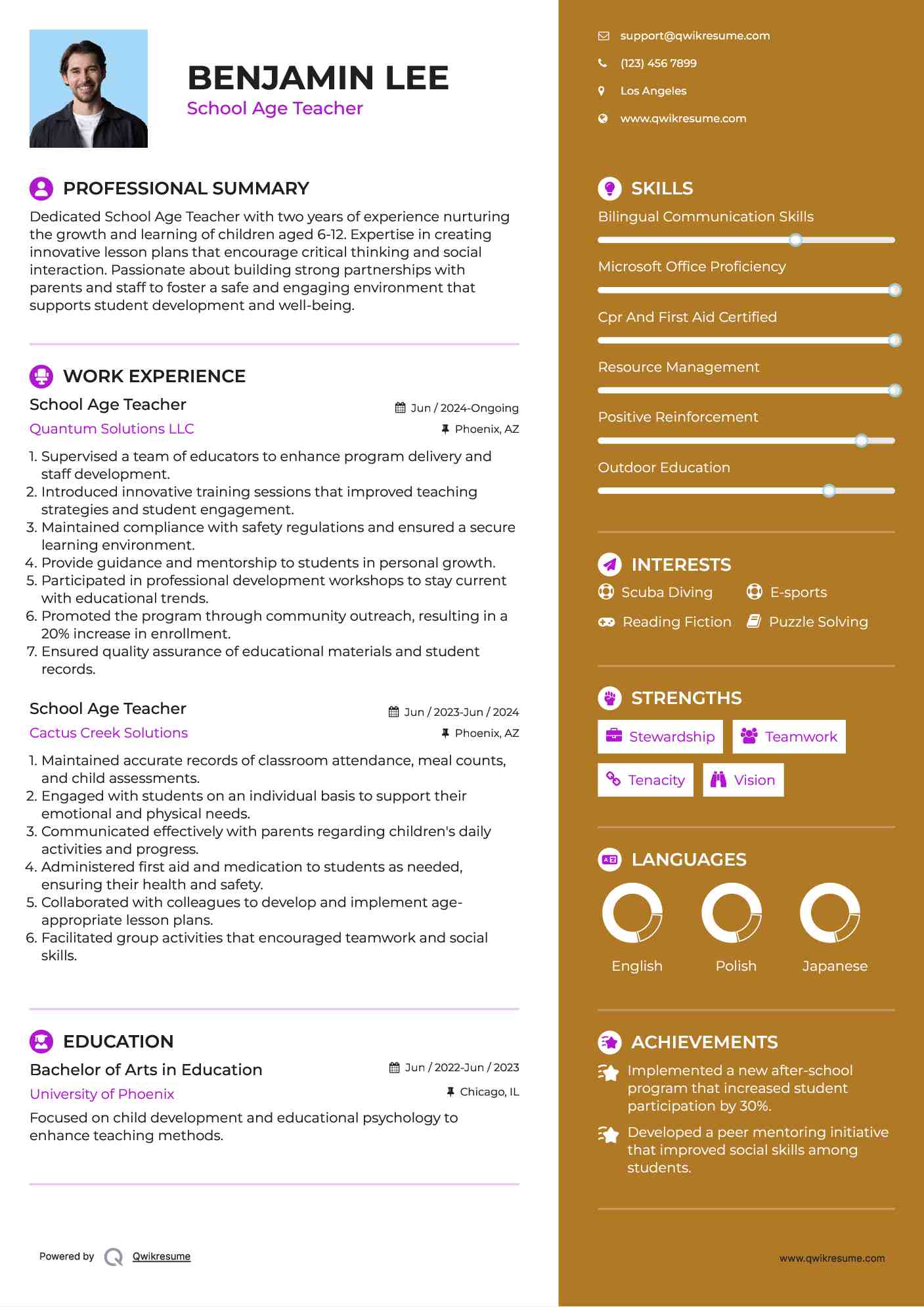 School Age Teacher Resume Model