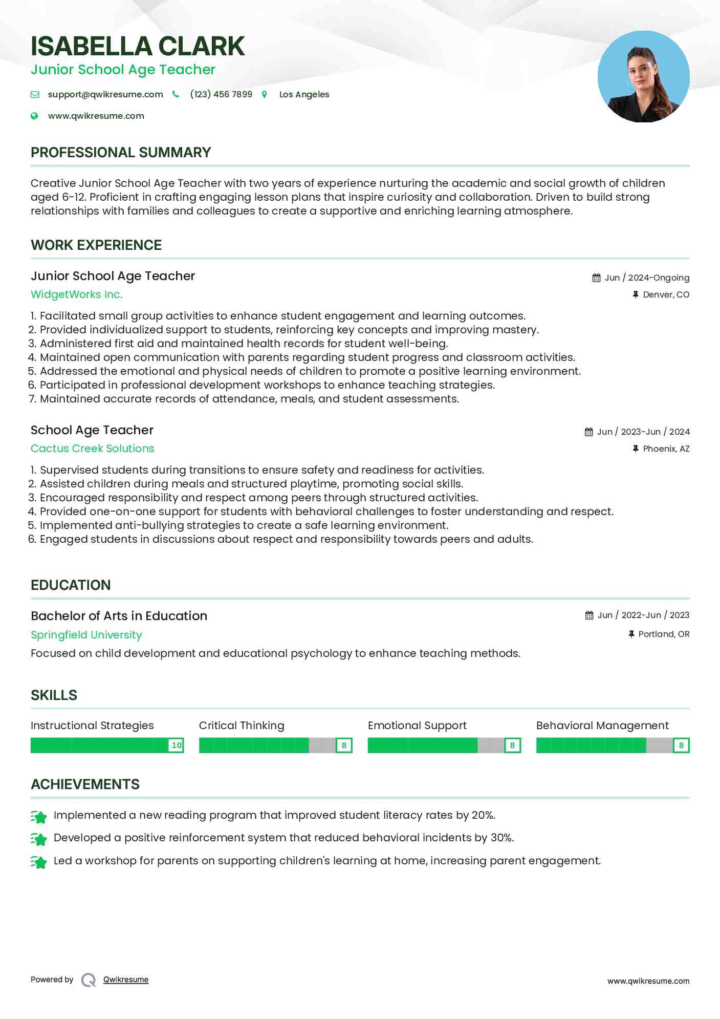 Junior School Age Teacher  Resume Model