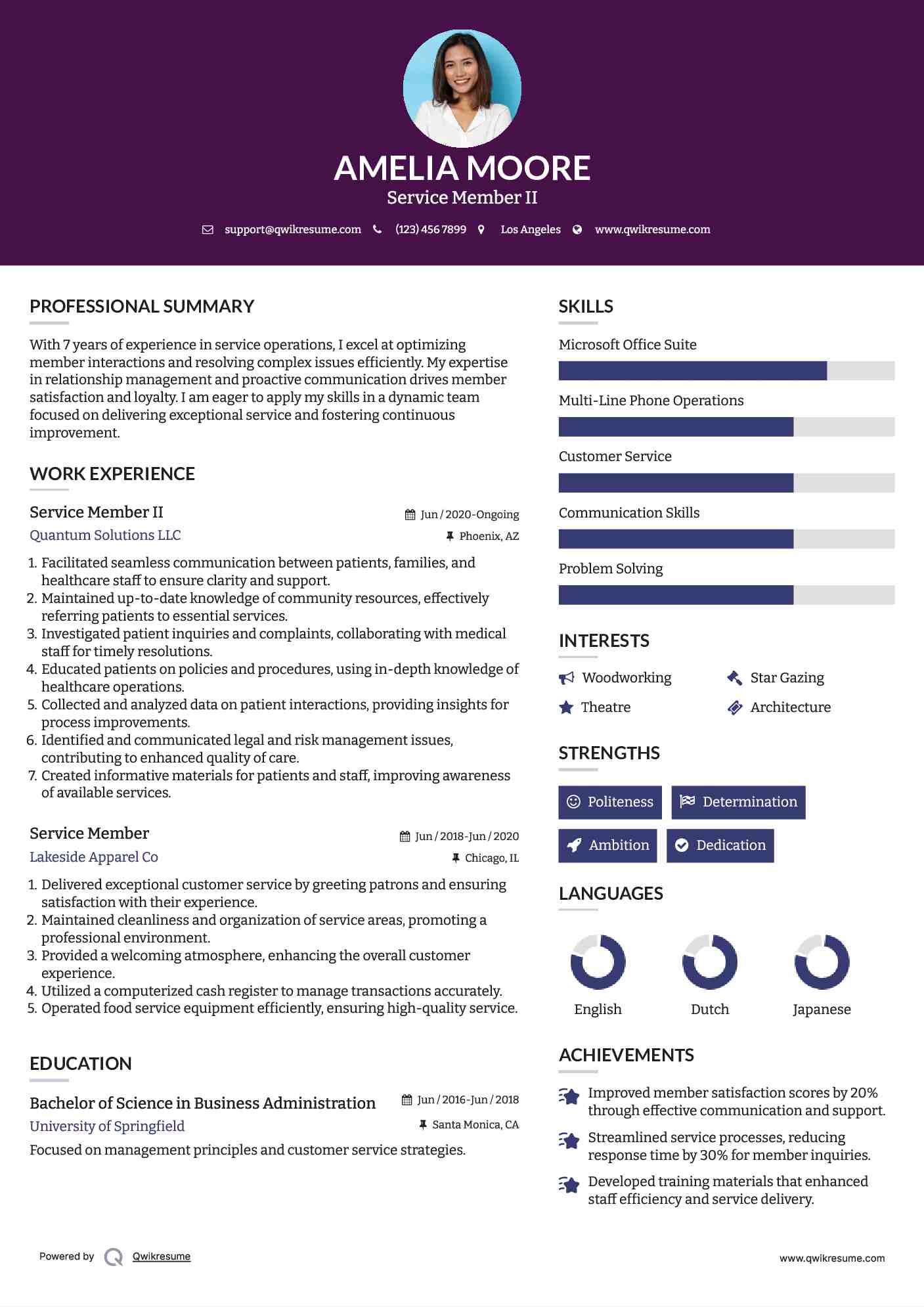 Service Member II Resume Format