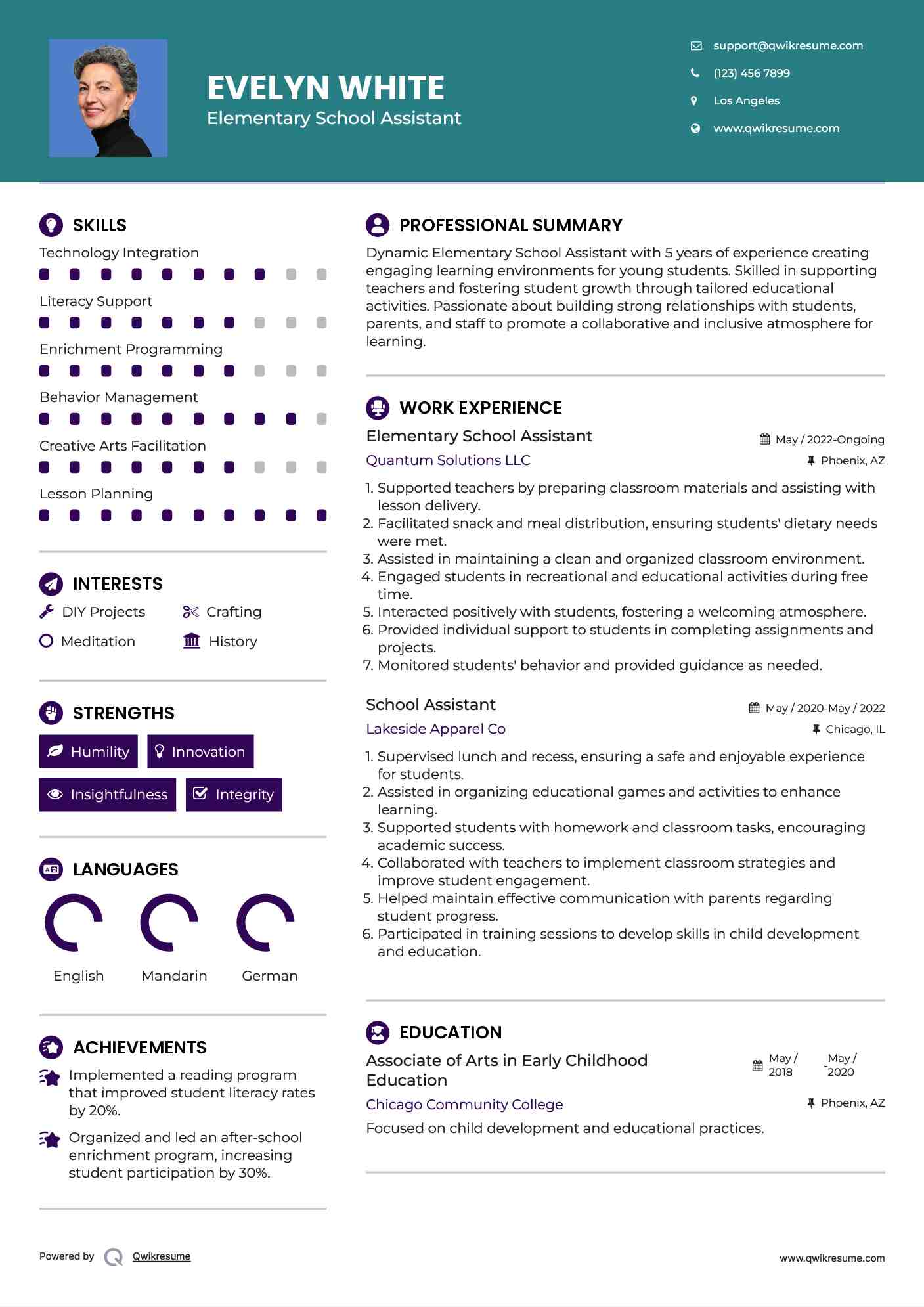 Elementary School Assistant Resume Template
