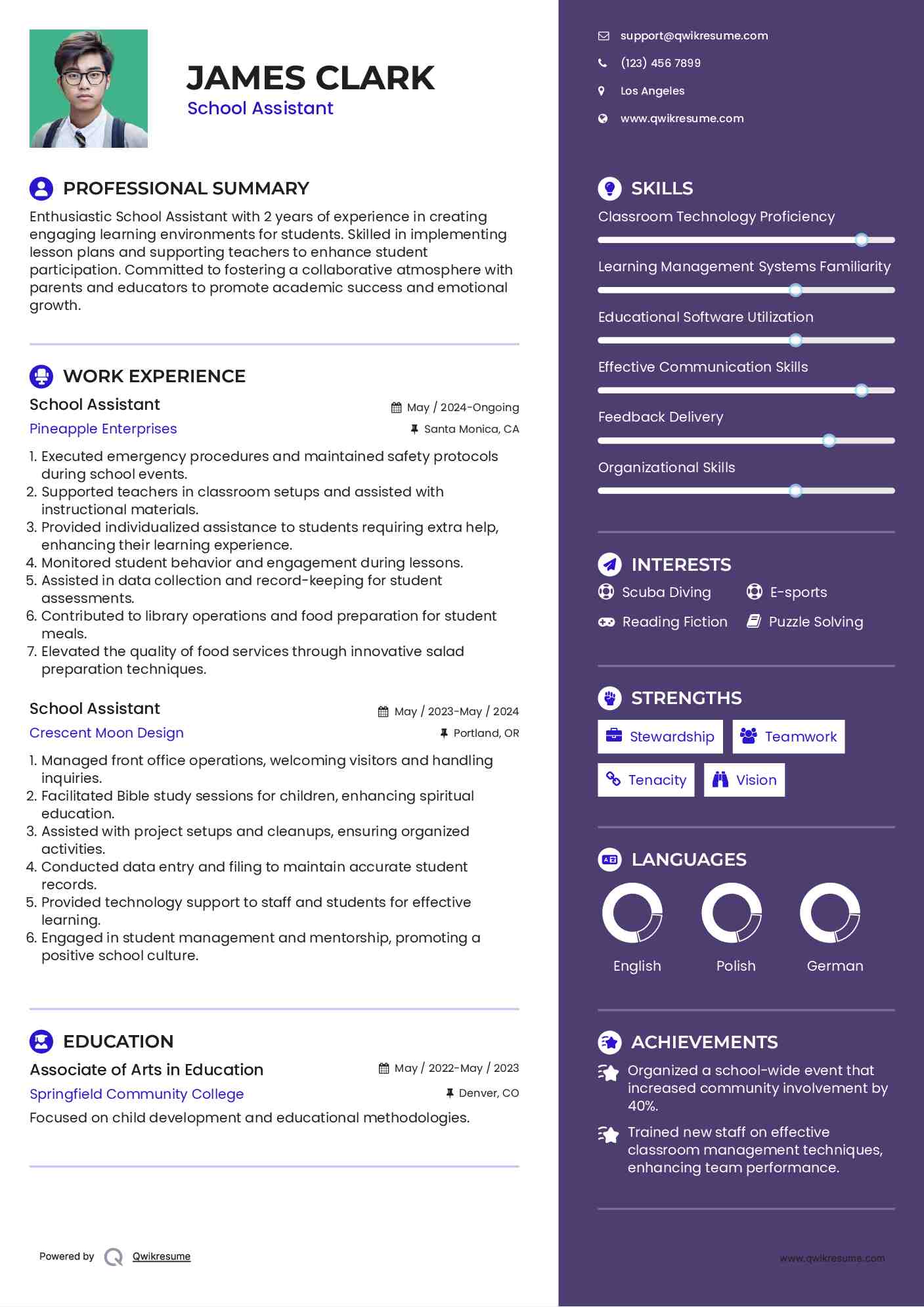 School Assistant Resume Example