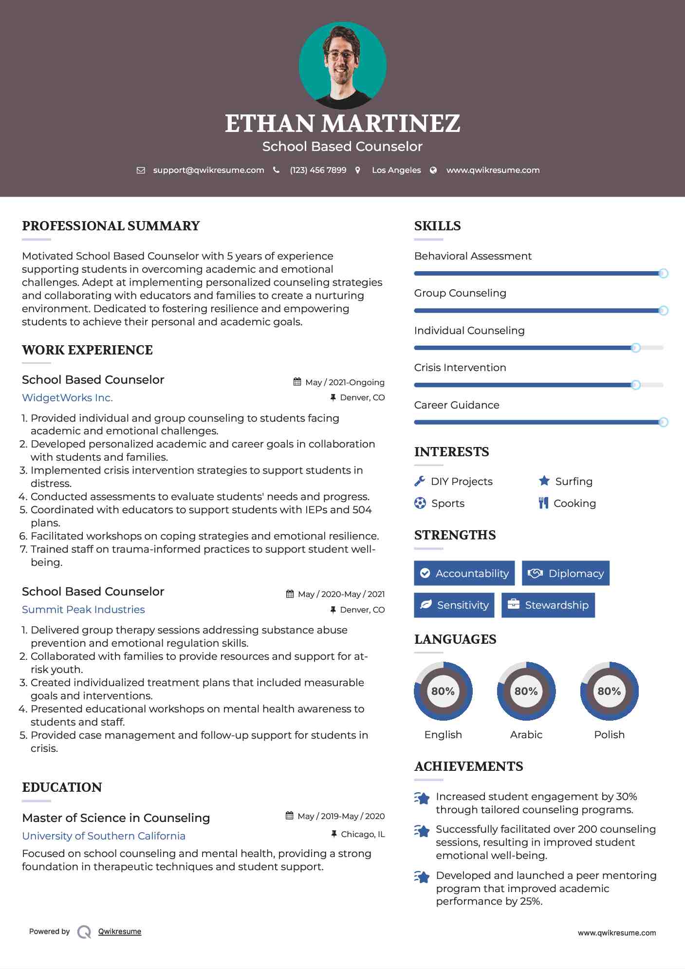 School Based Counselor Resume Example
