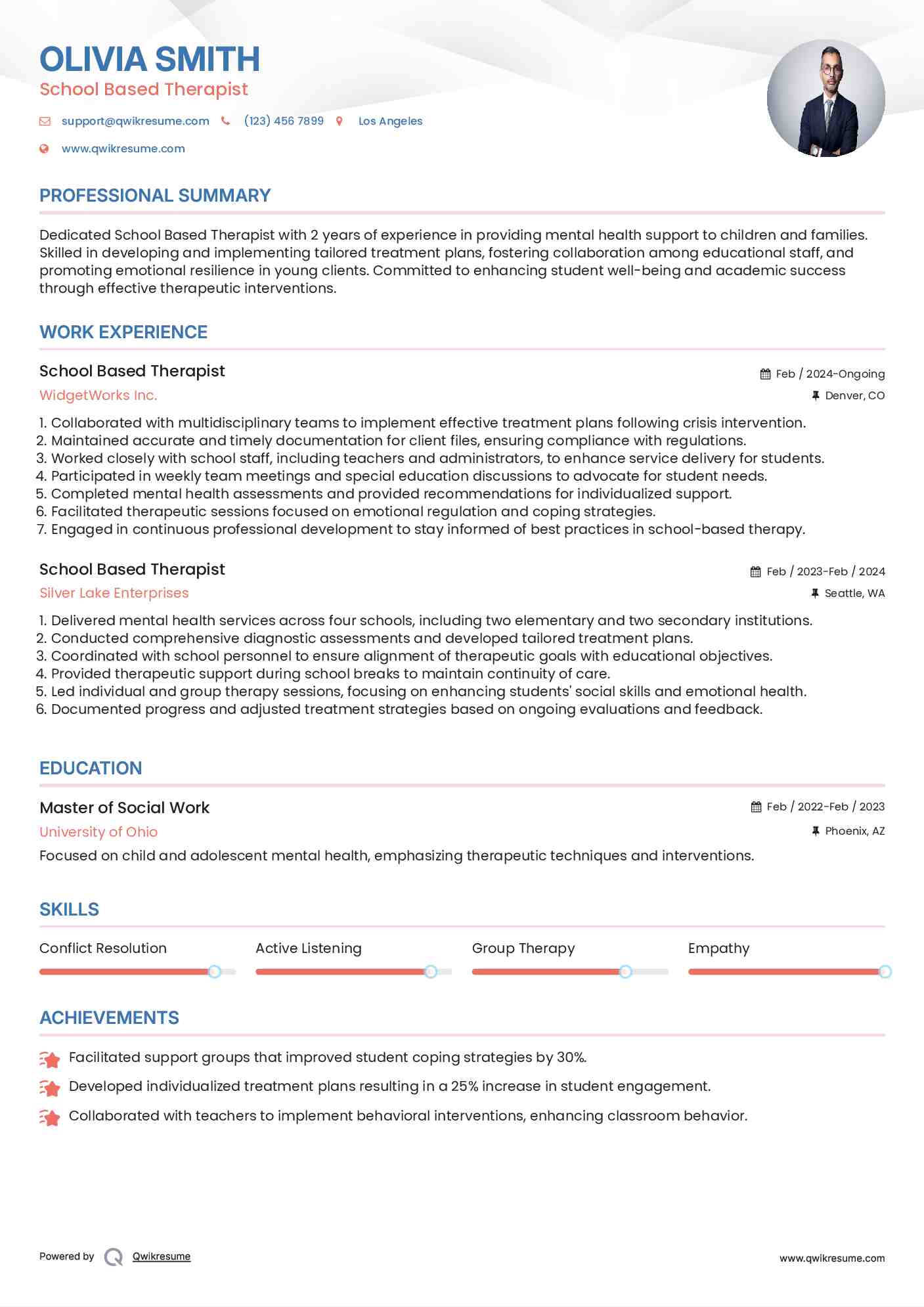 School Based Therapist Resume Model