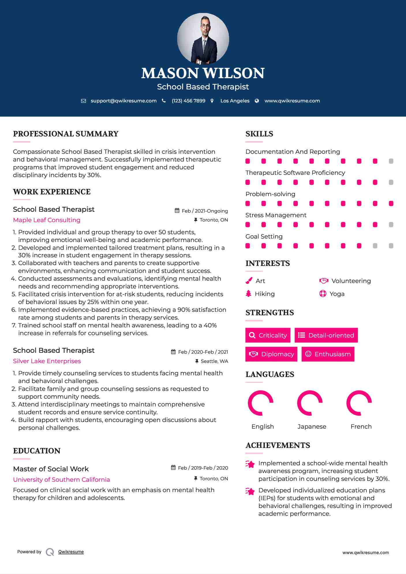 School Based Therapist Resume Model