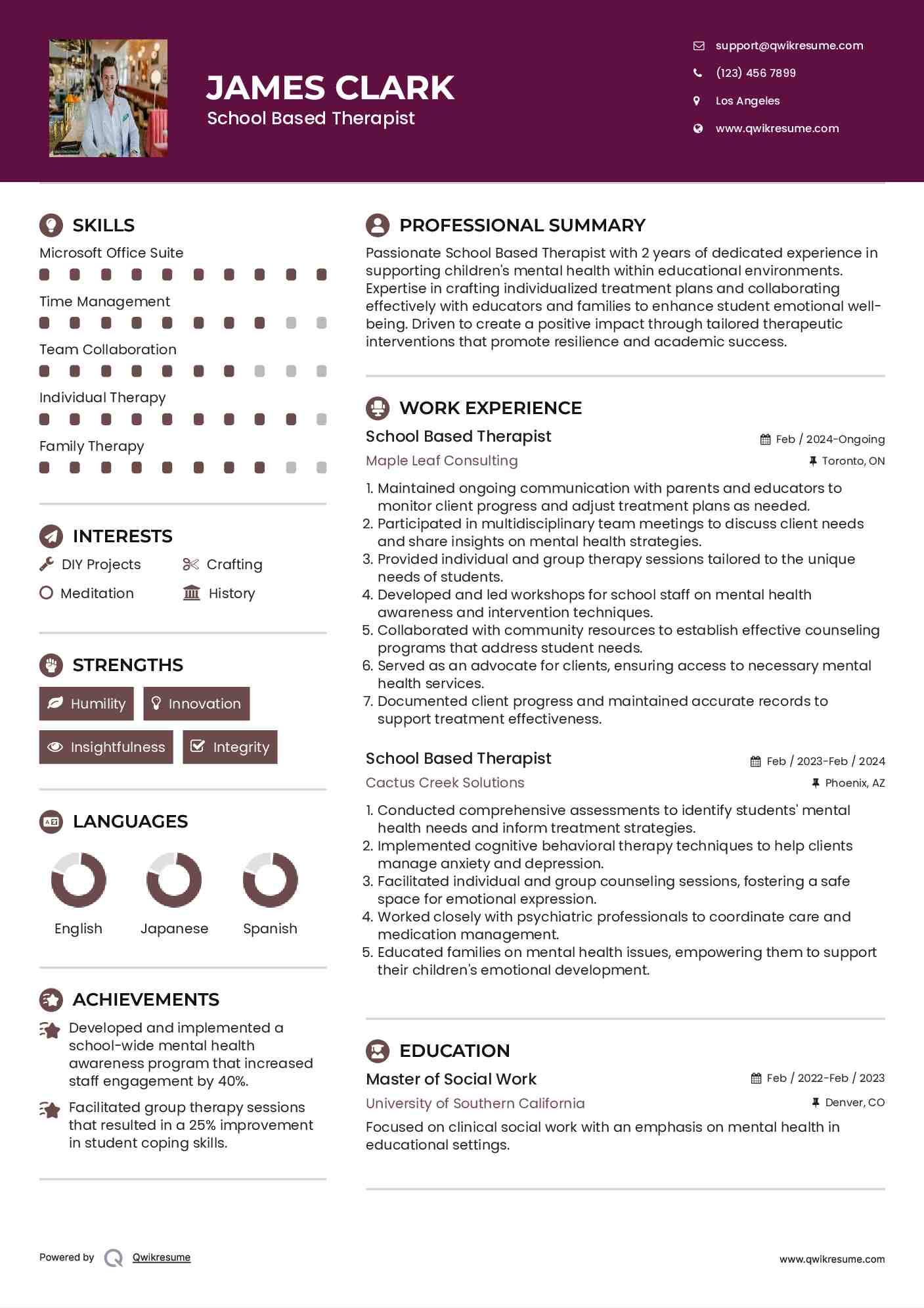 School Based Therapist Resume Example