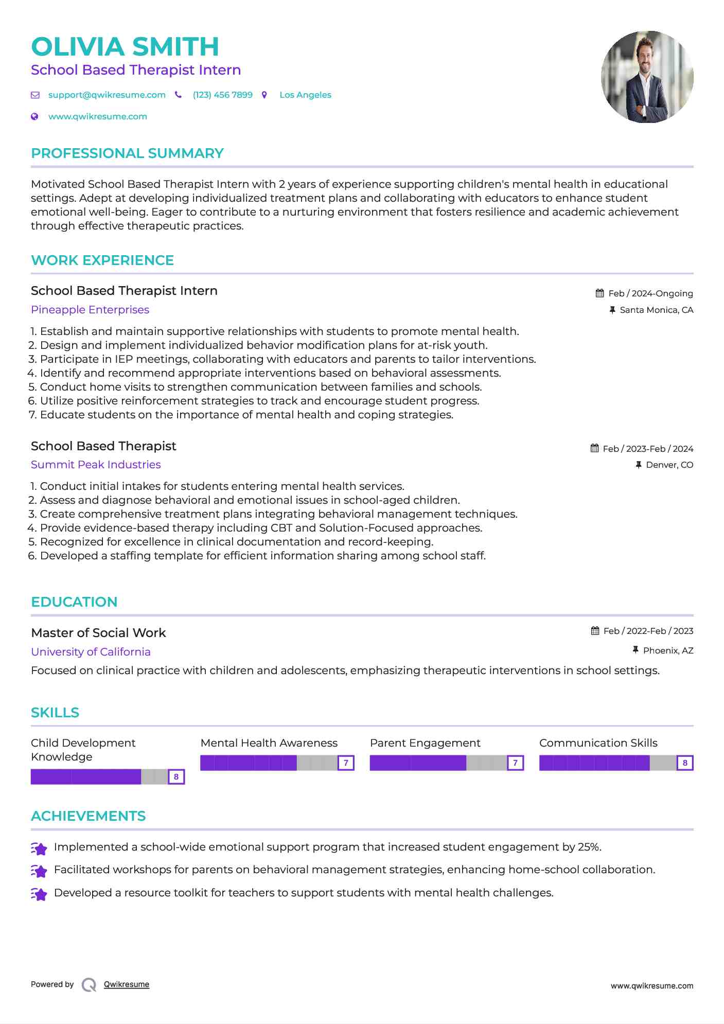 School Based Therapist Intern Resume Example