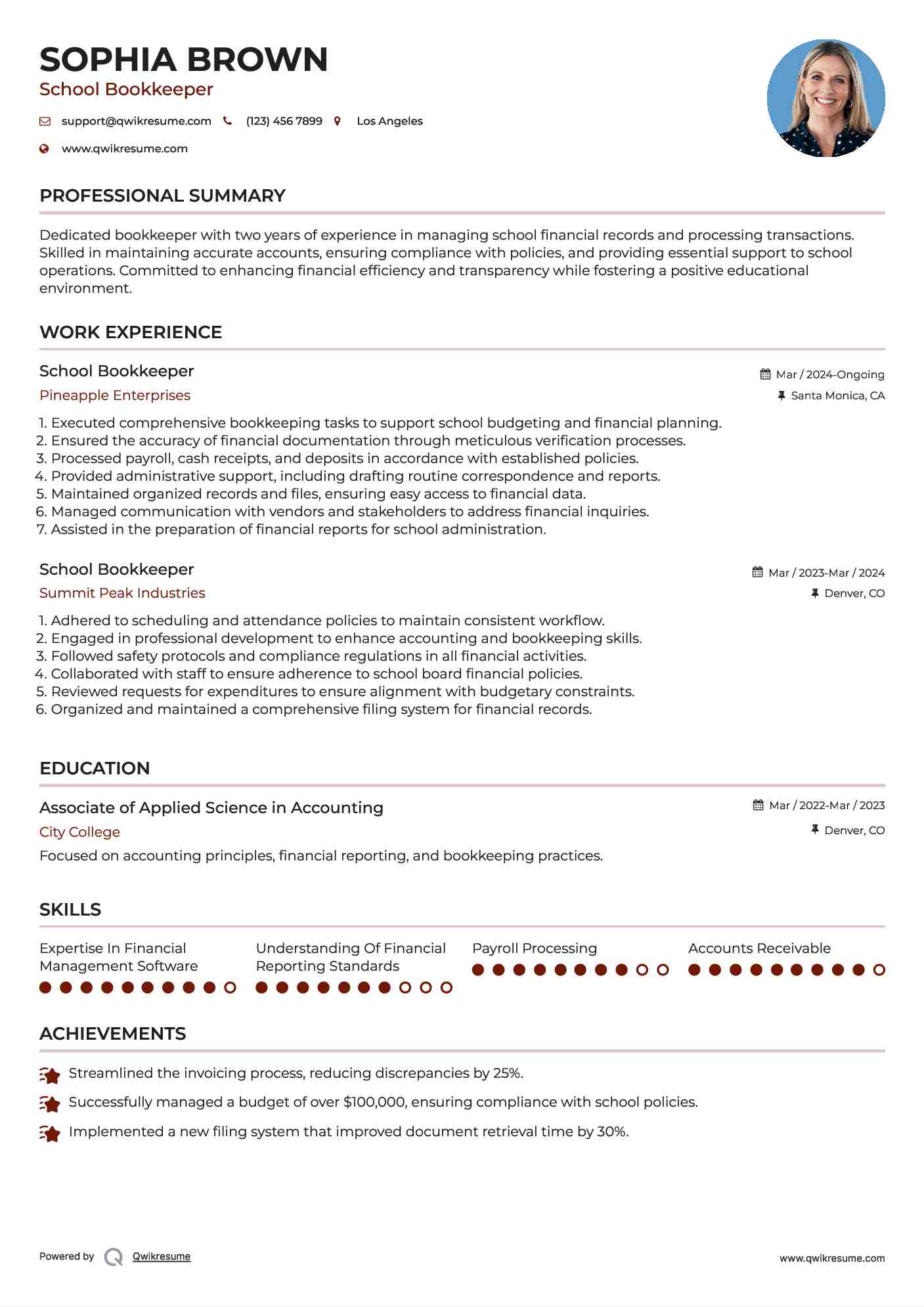 School Bookkeeper Resume Example