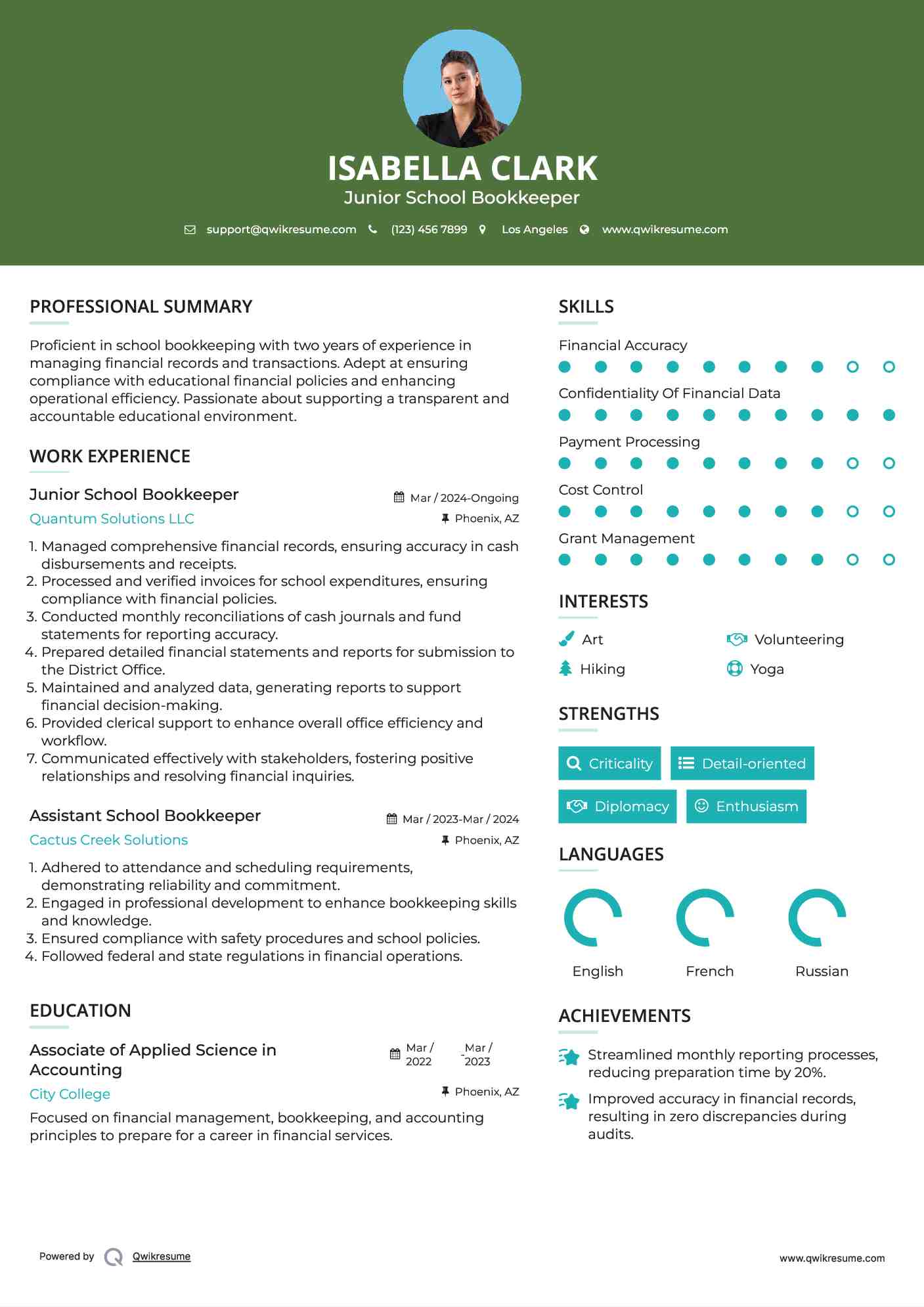 Junior School Bookkeeper Resume Format