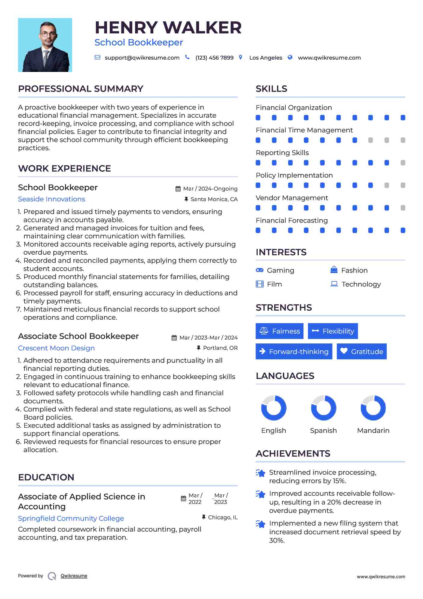 School Bookkeeper Resume Sample