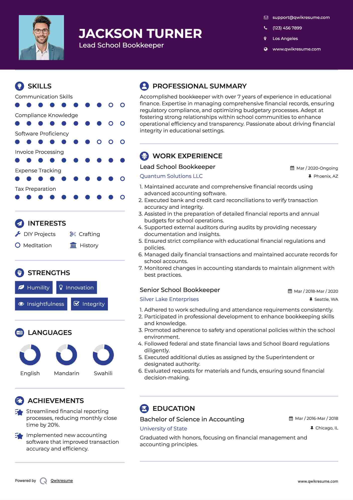 Lead School Bookkeeper Resume Format
