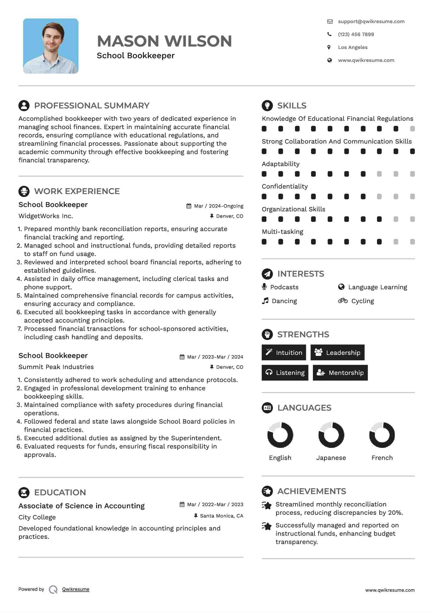 School Bookkeeper Resume Model
