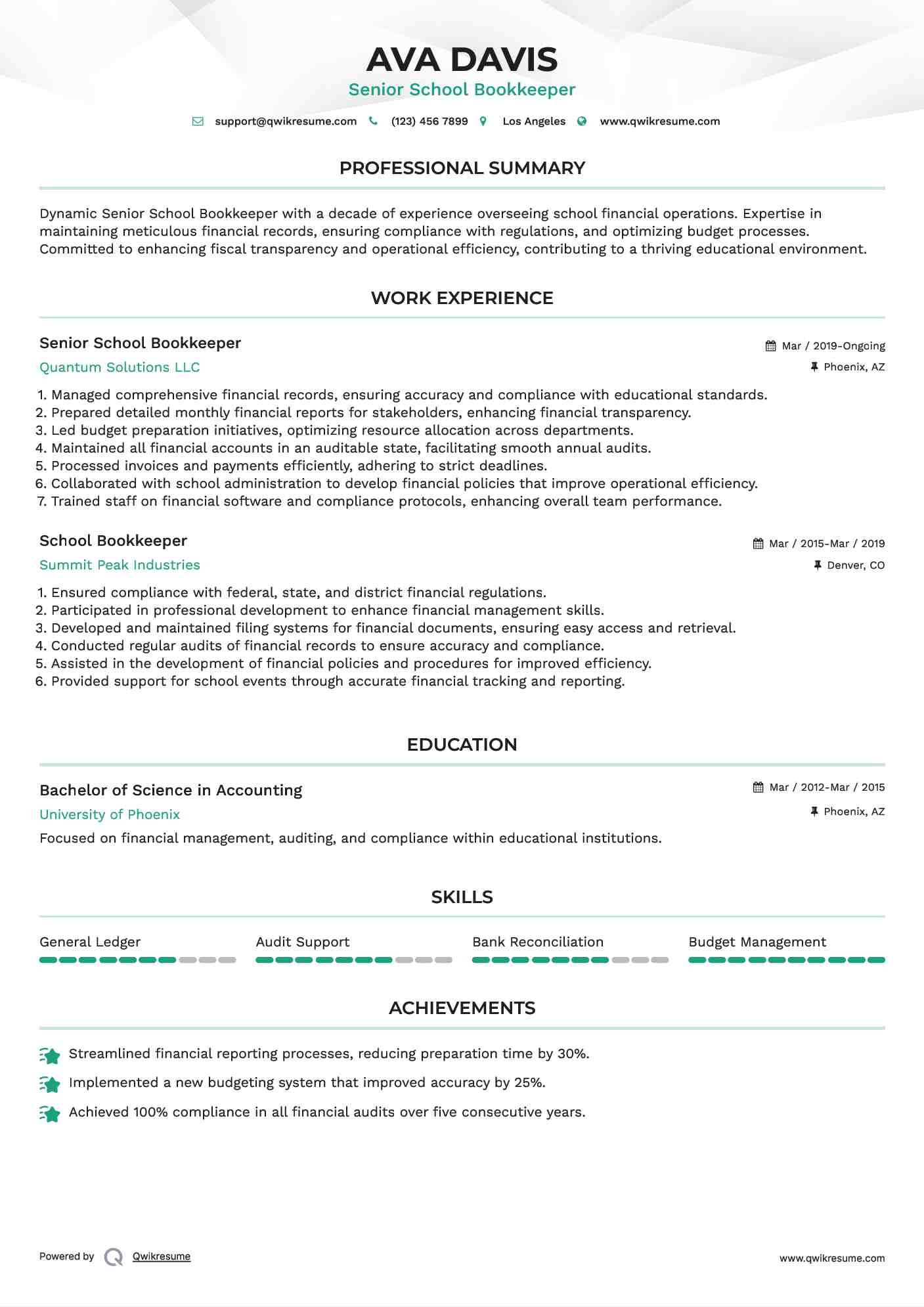 Senior School Bookkeeper Resume Format