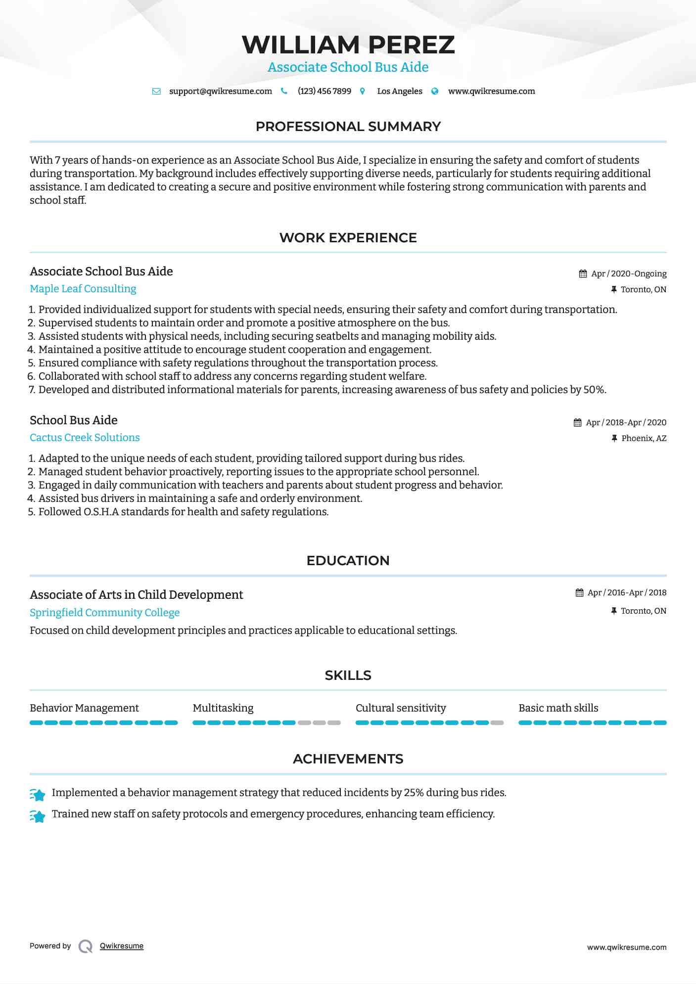 Associate School Bus Aide Resume Sample