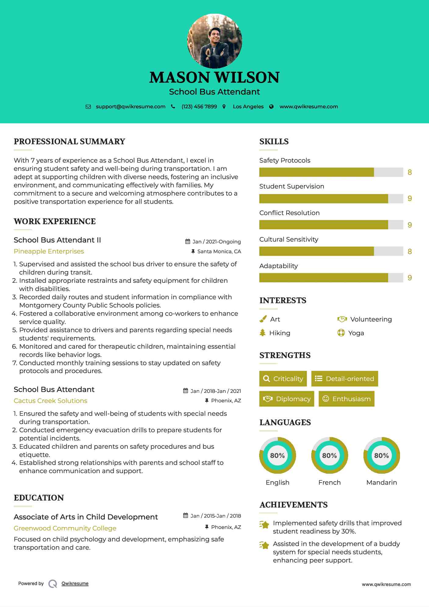 School Bus Attendant II Resume Example