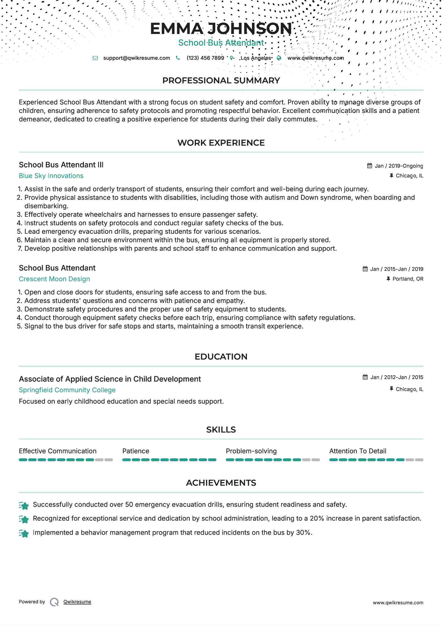 School Bus Attendant III Resume Format