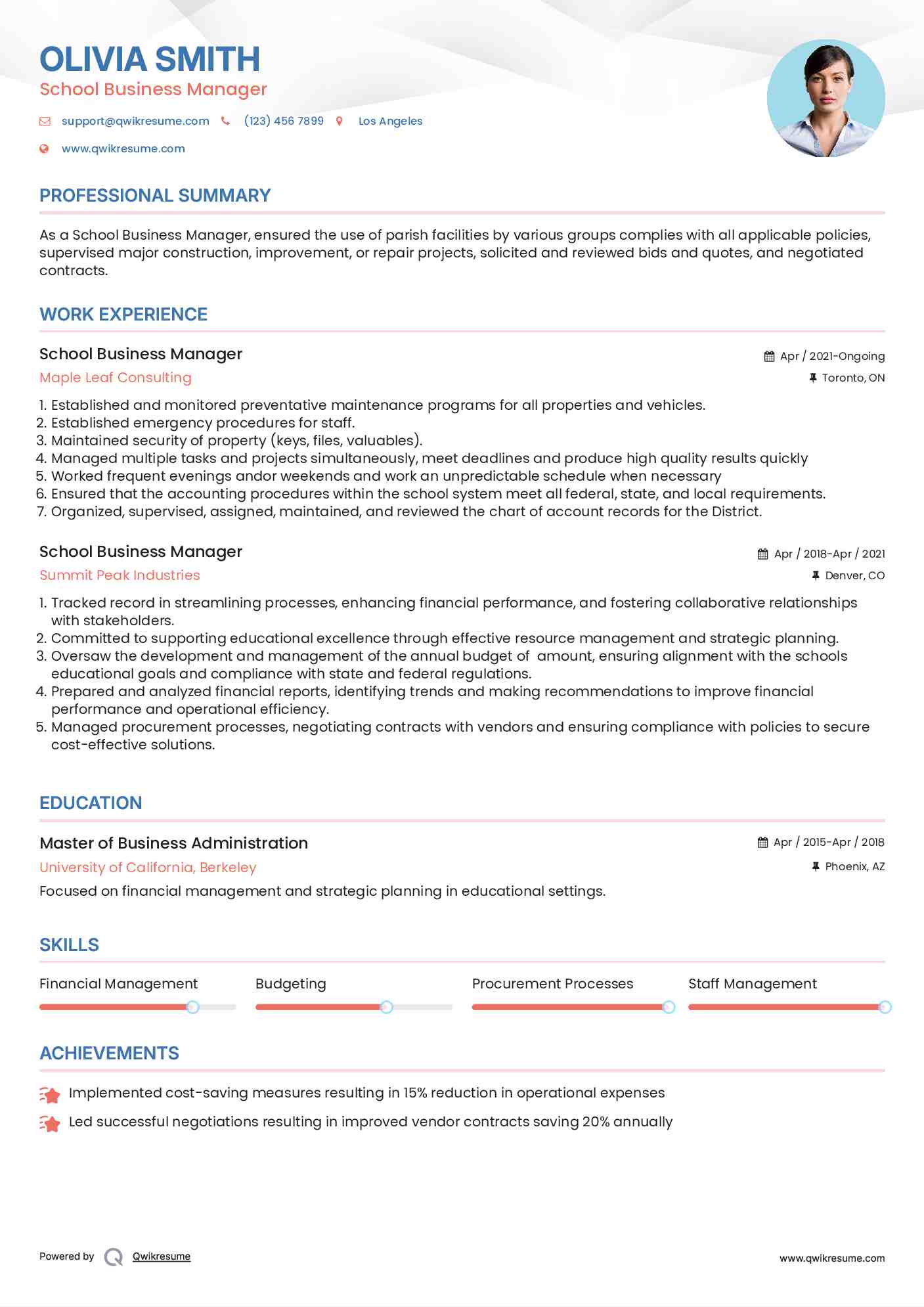 School Business Manager Resume Example