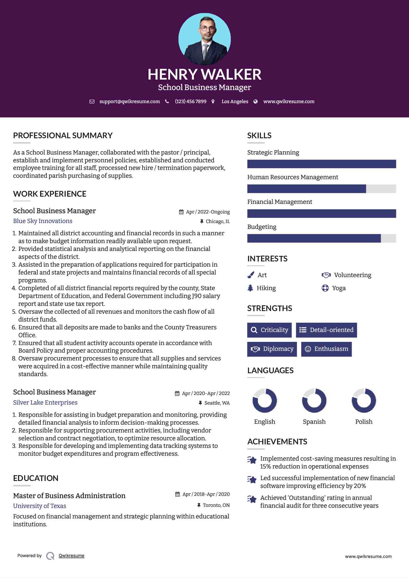 School Business Manager Resume Sample