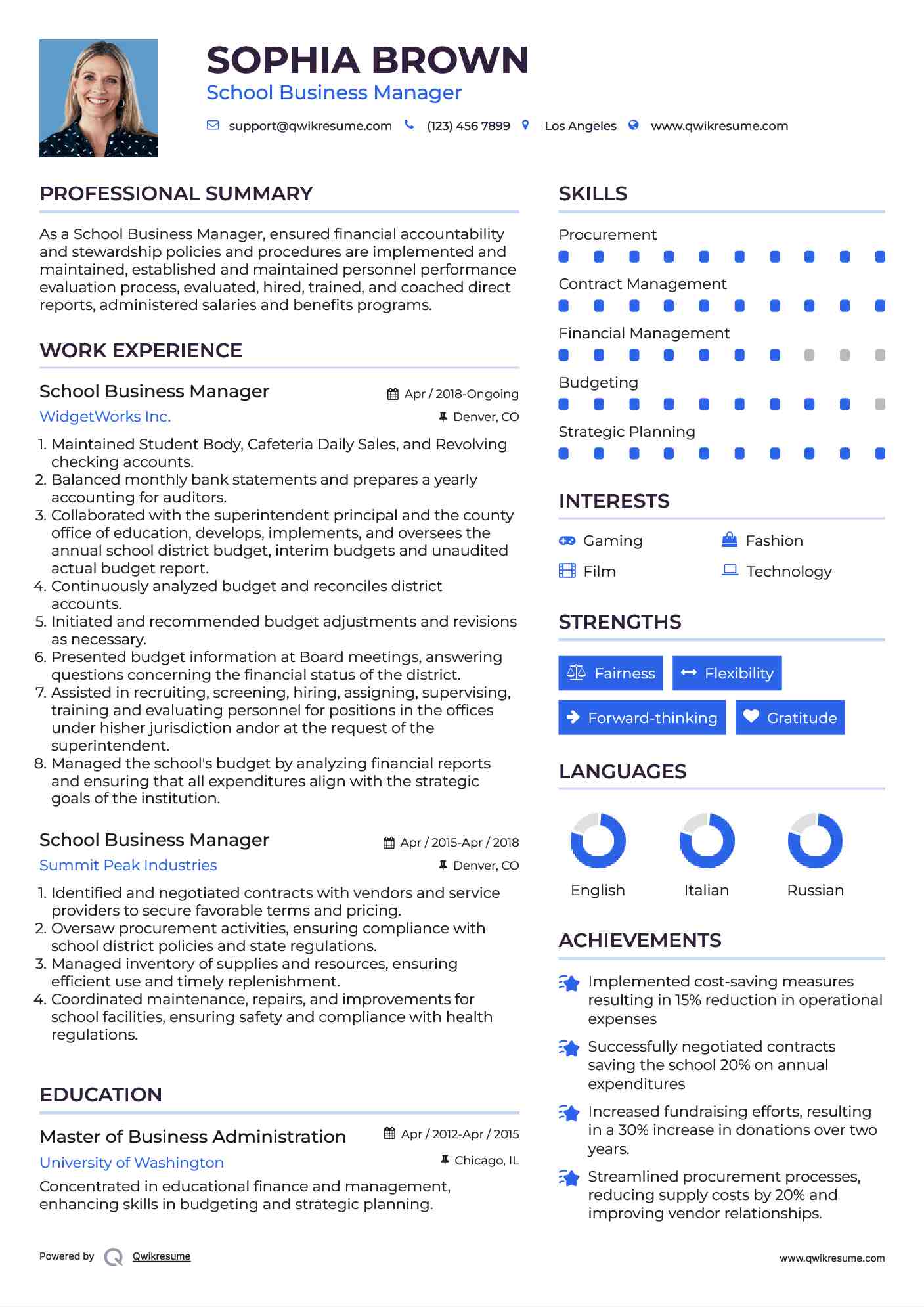 School Business Manager Resume Format