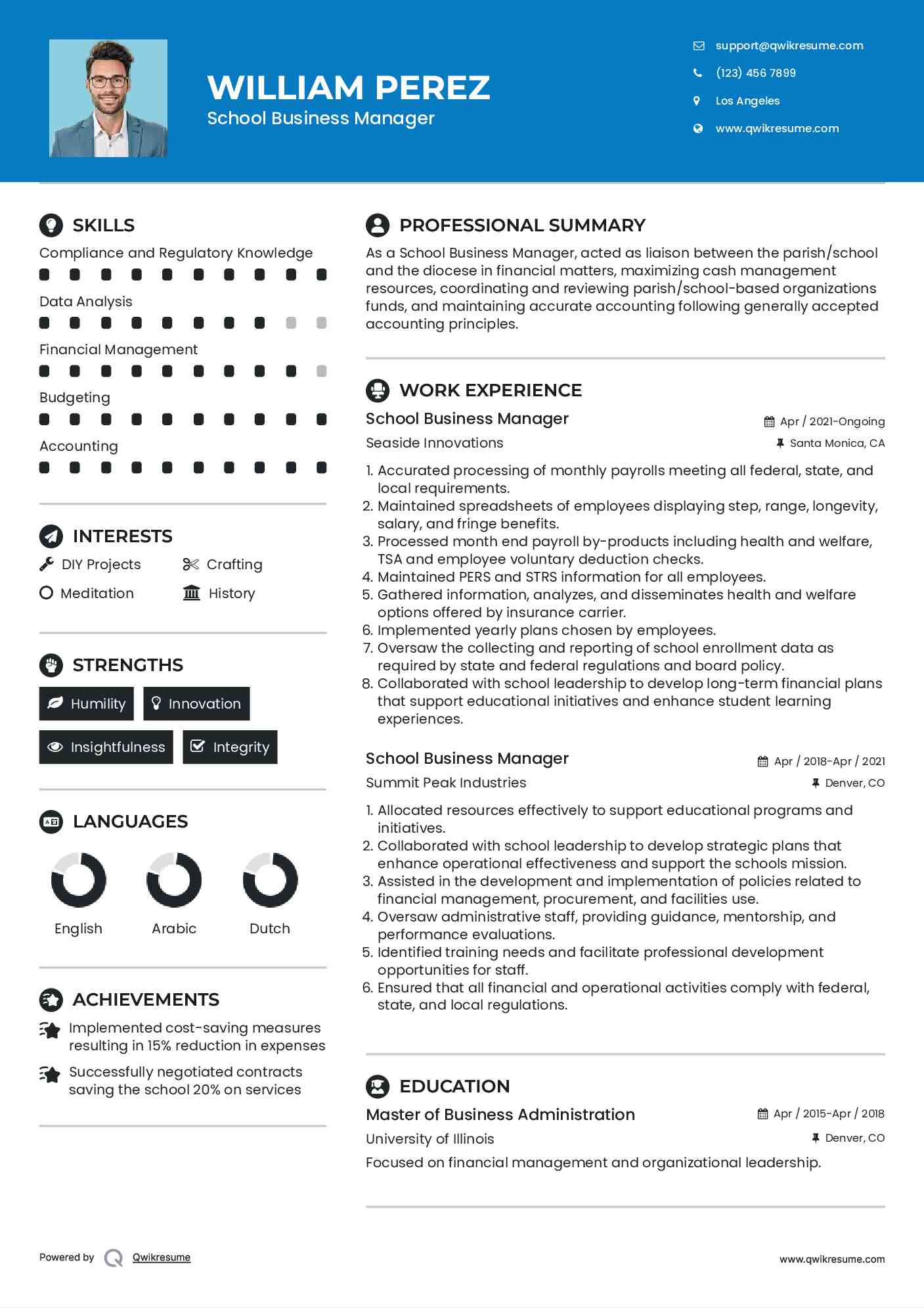 School Business Manager Resume Model