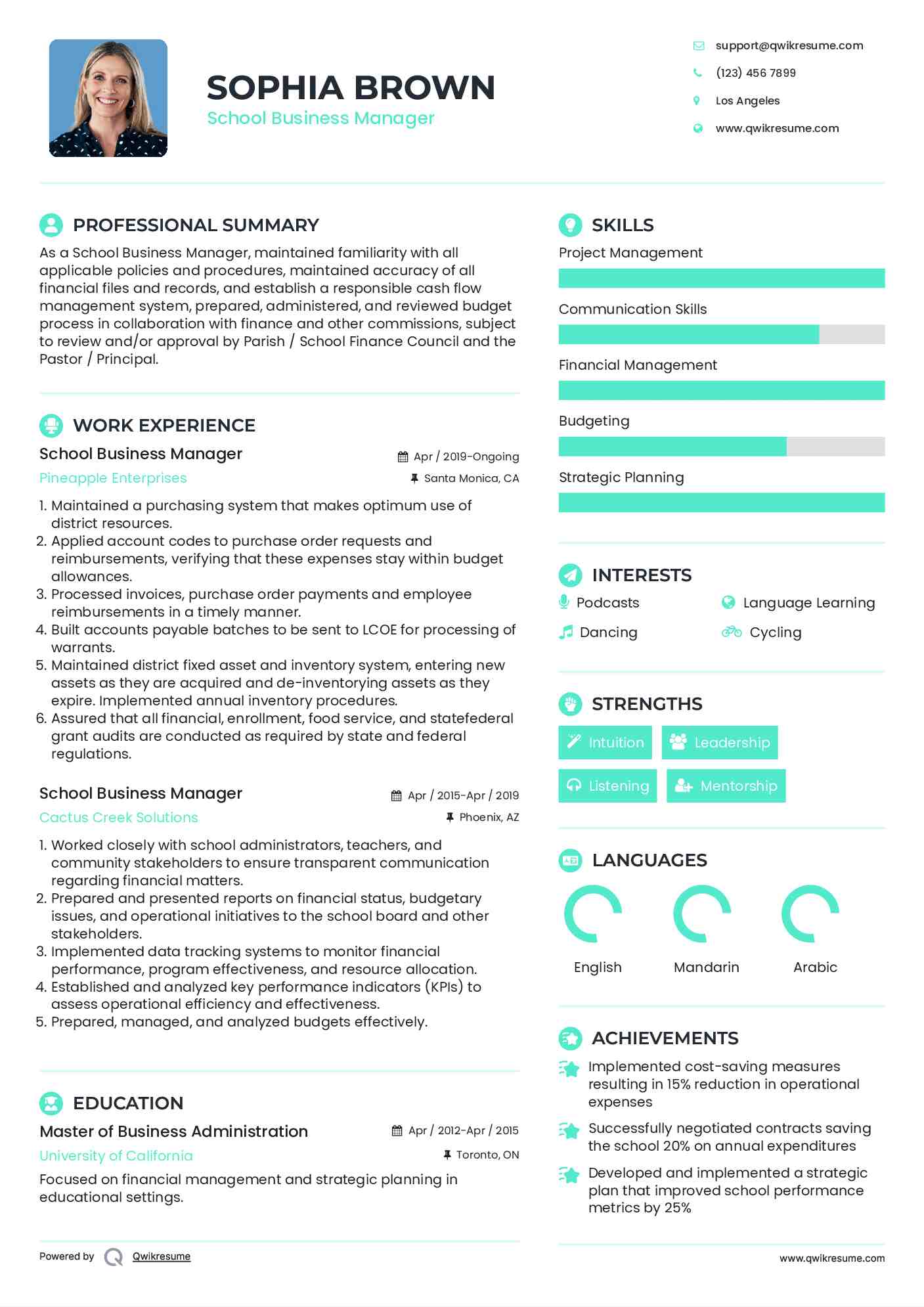 School Business Manager Resume Template