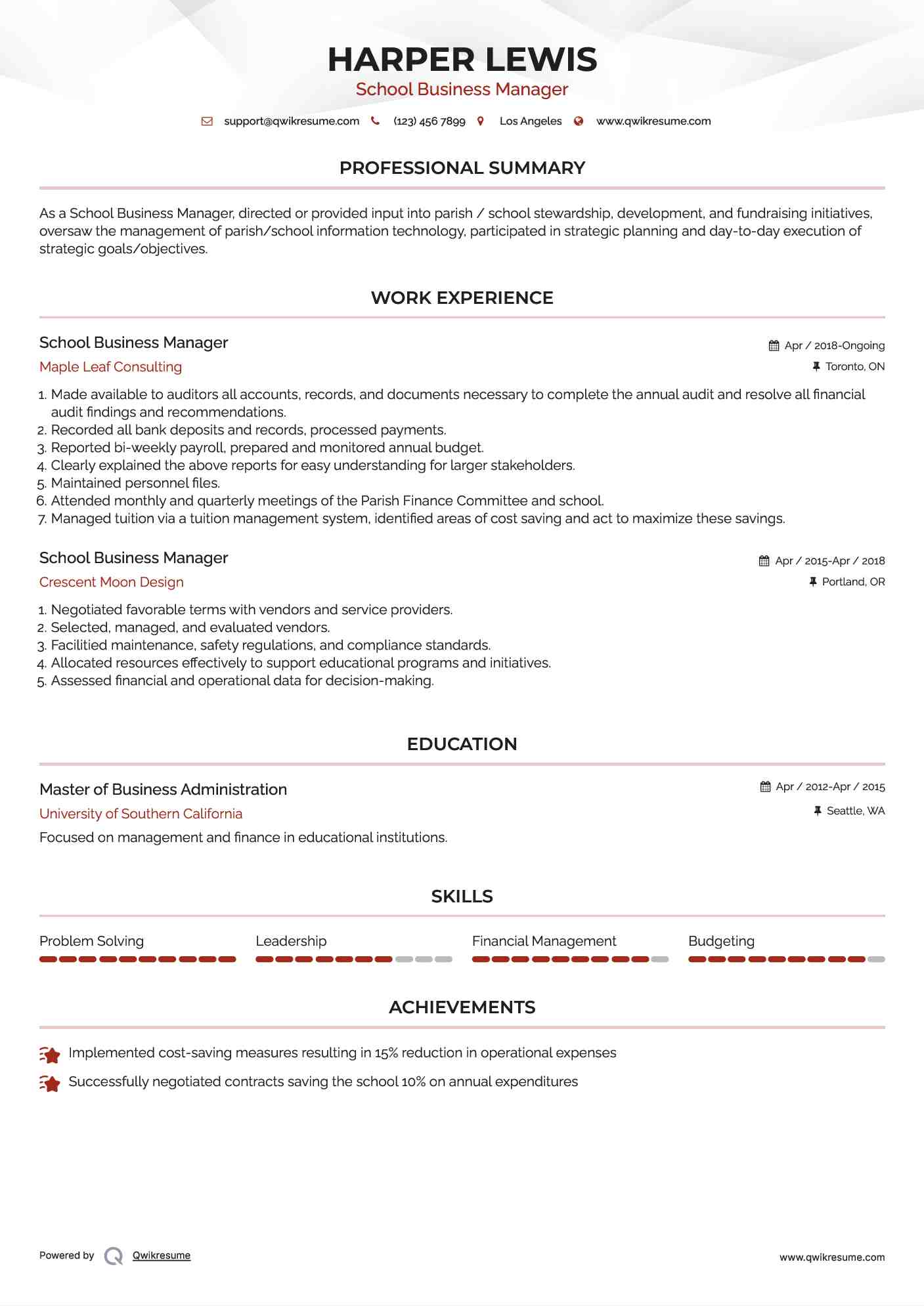 School Business Manager Resume Model