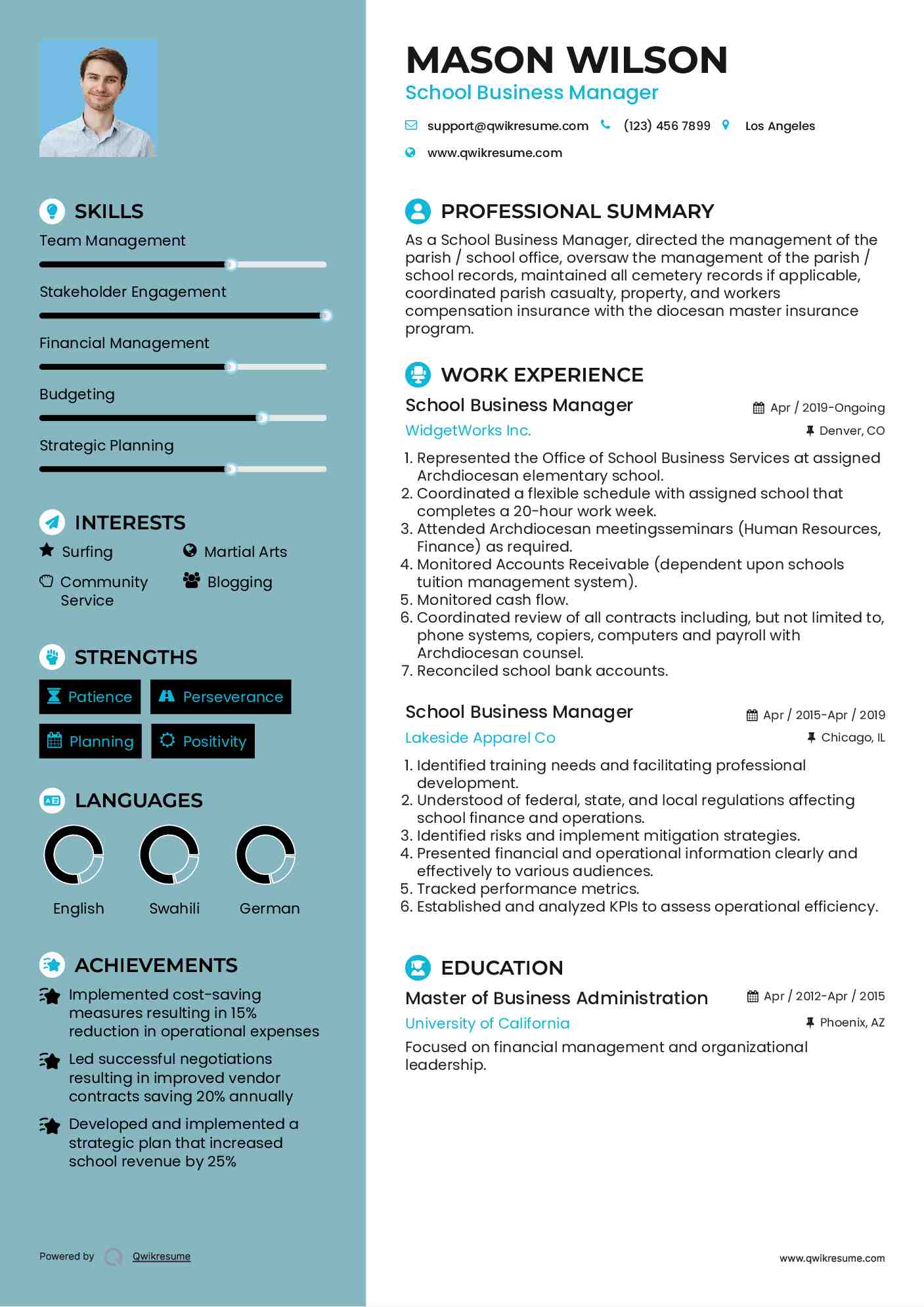 School Business Manager Resume Format