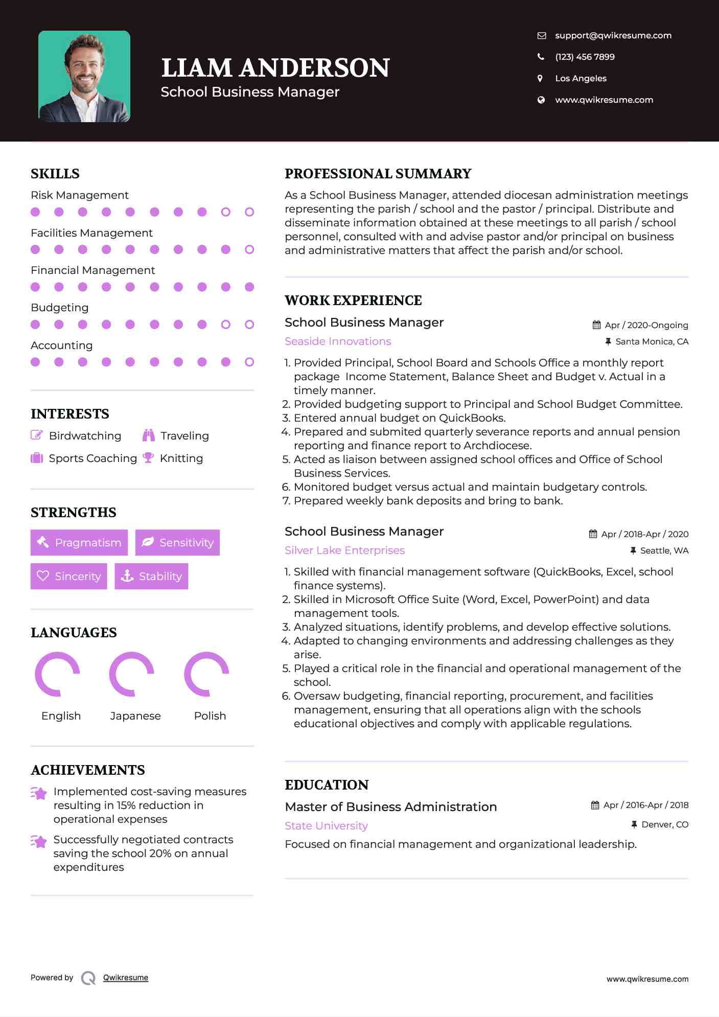 School Business Manager Resume Template