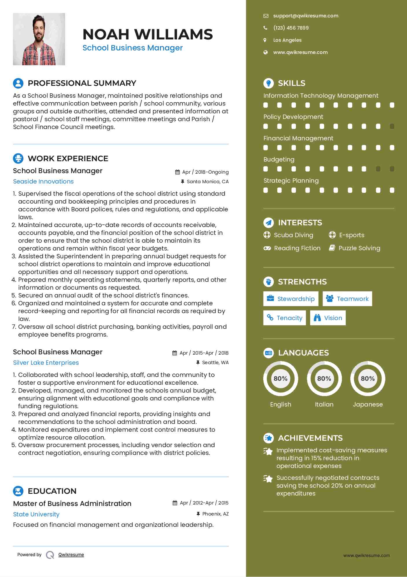 School Business Manager Resume Sample