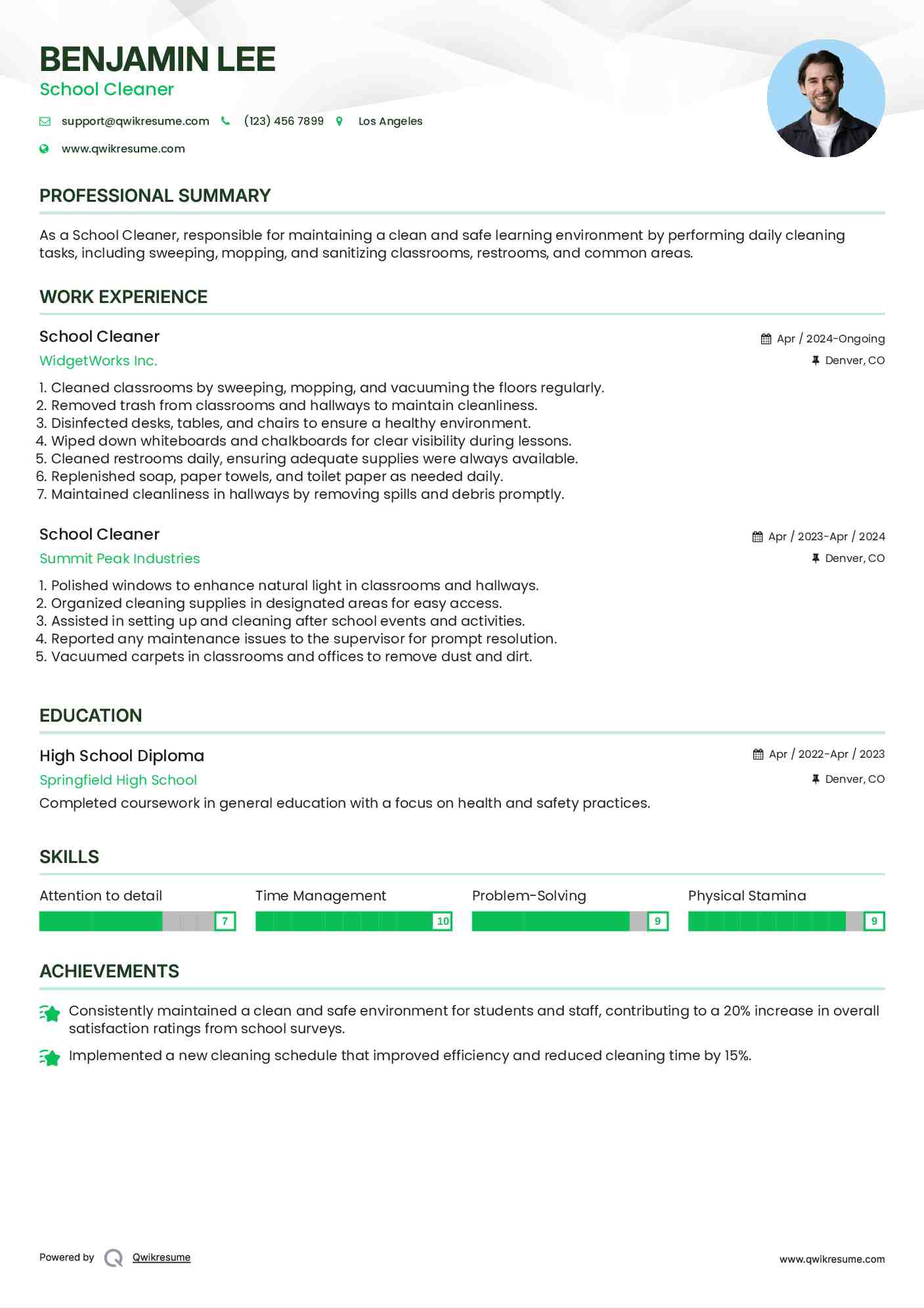 School Cleaner Resume Sample