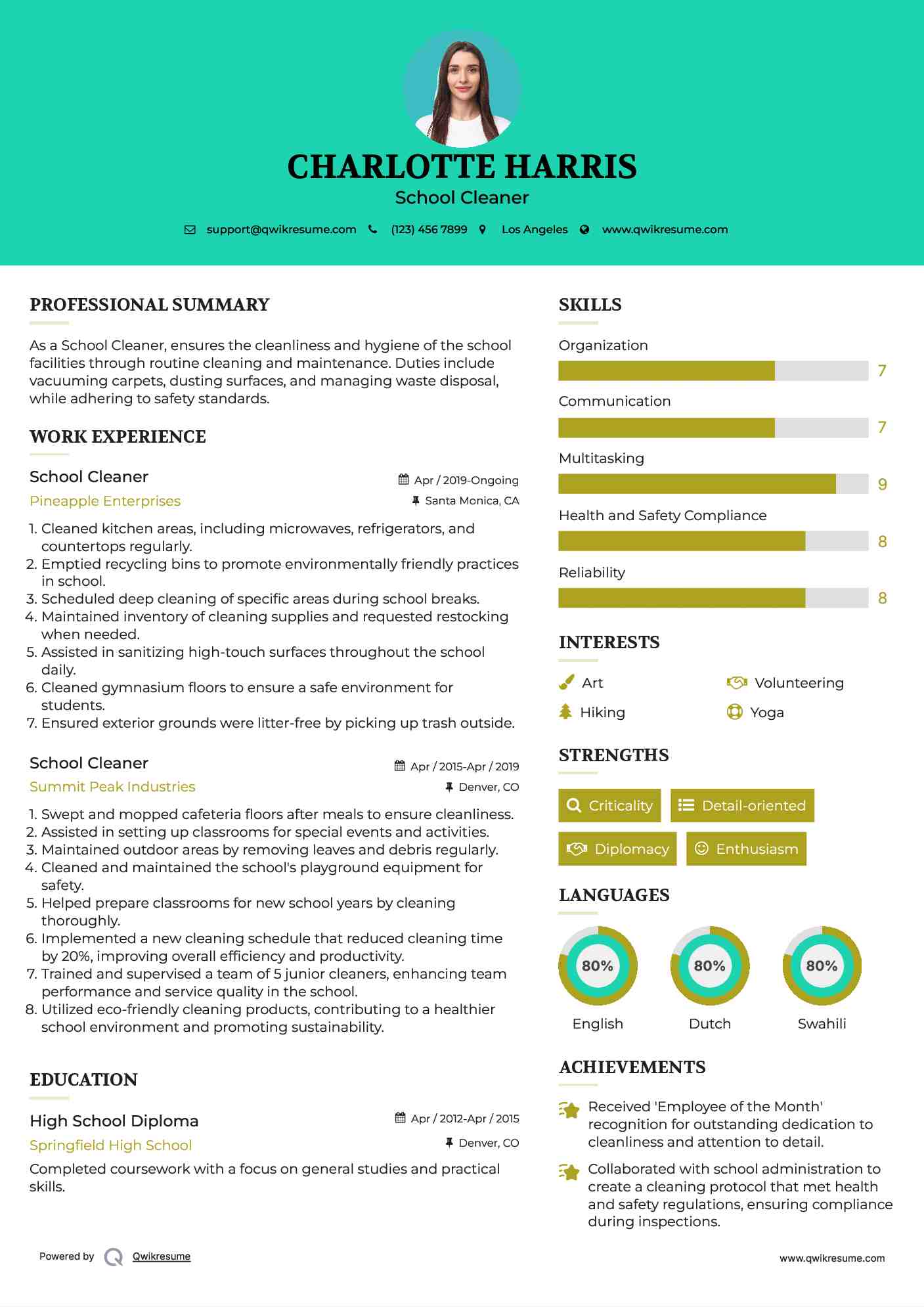 School Cleaner Resume Sample
