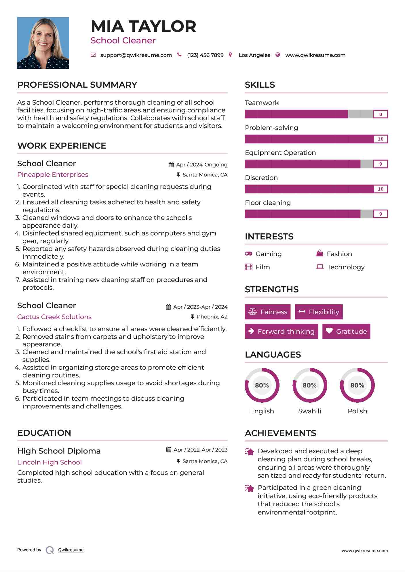 School Cleaner Resume Model