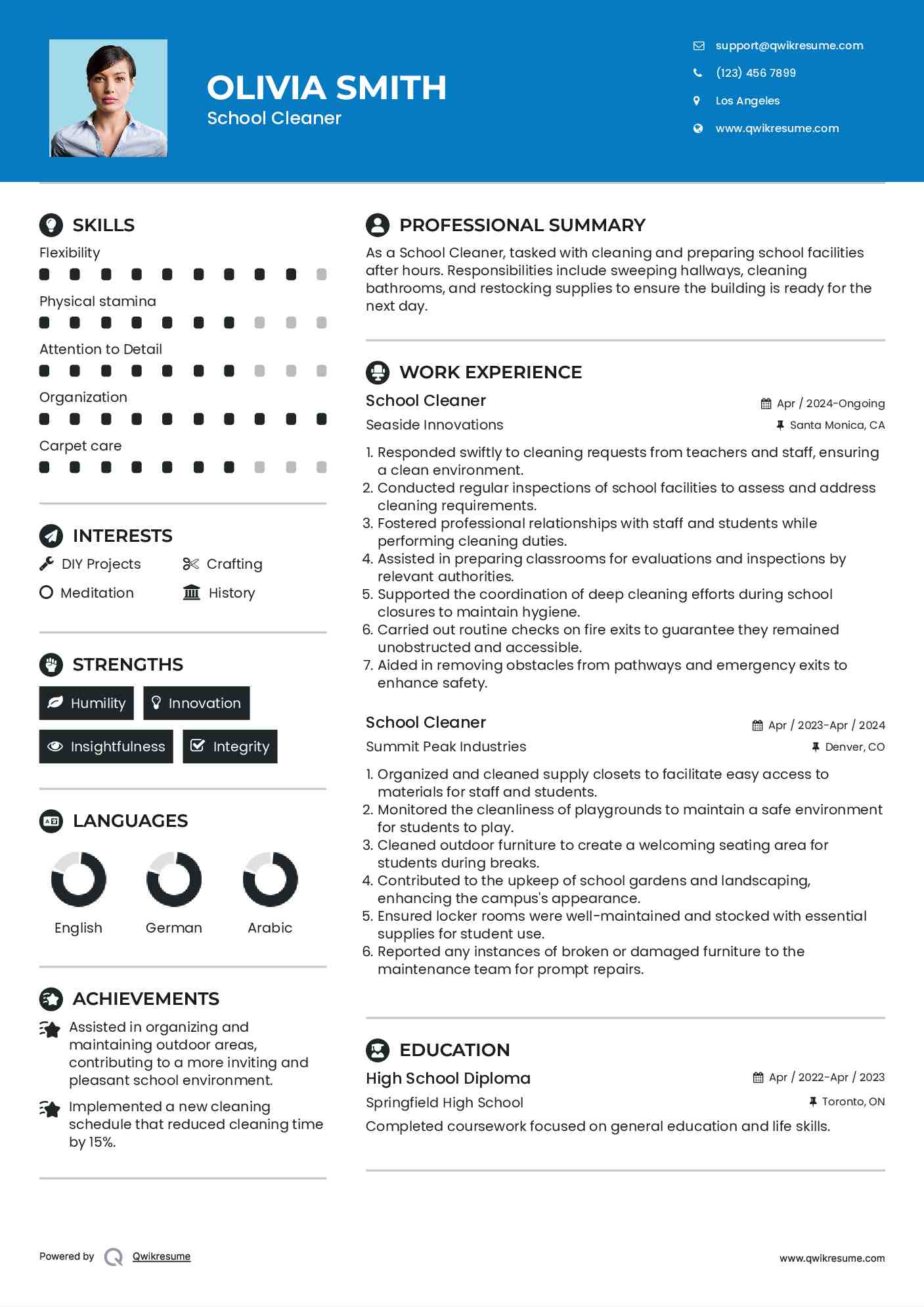 School Cleaner Resume Example