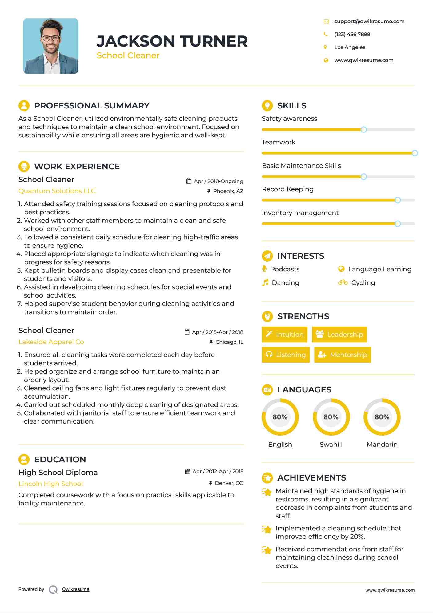 School Cleaner Resume Template