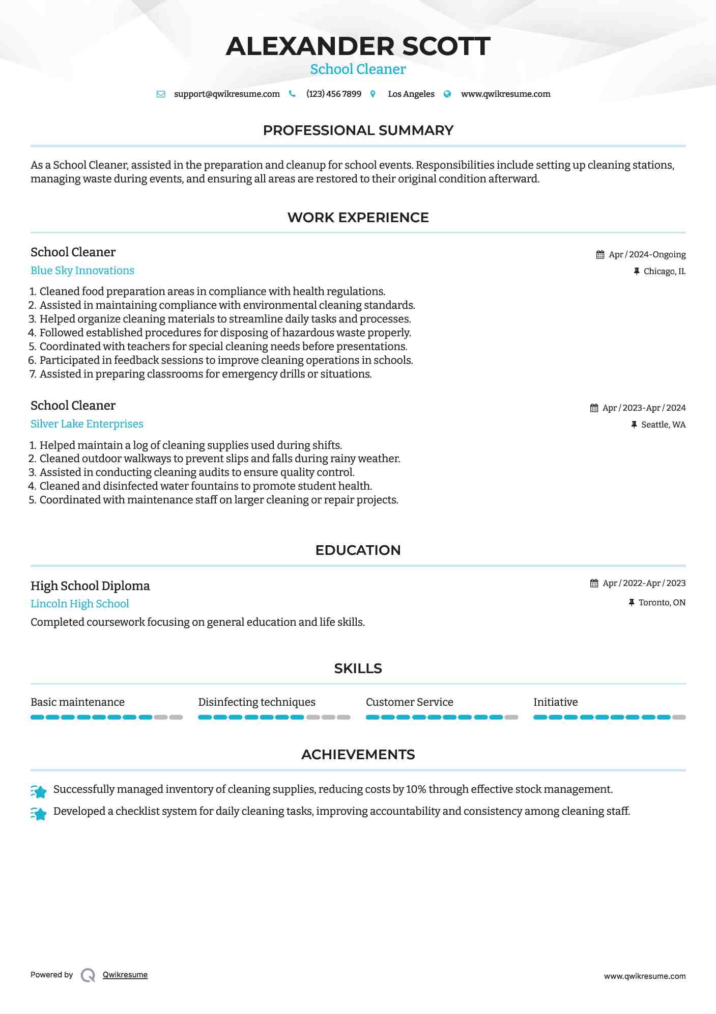School Cleaner Resume Model