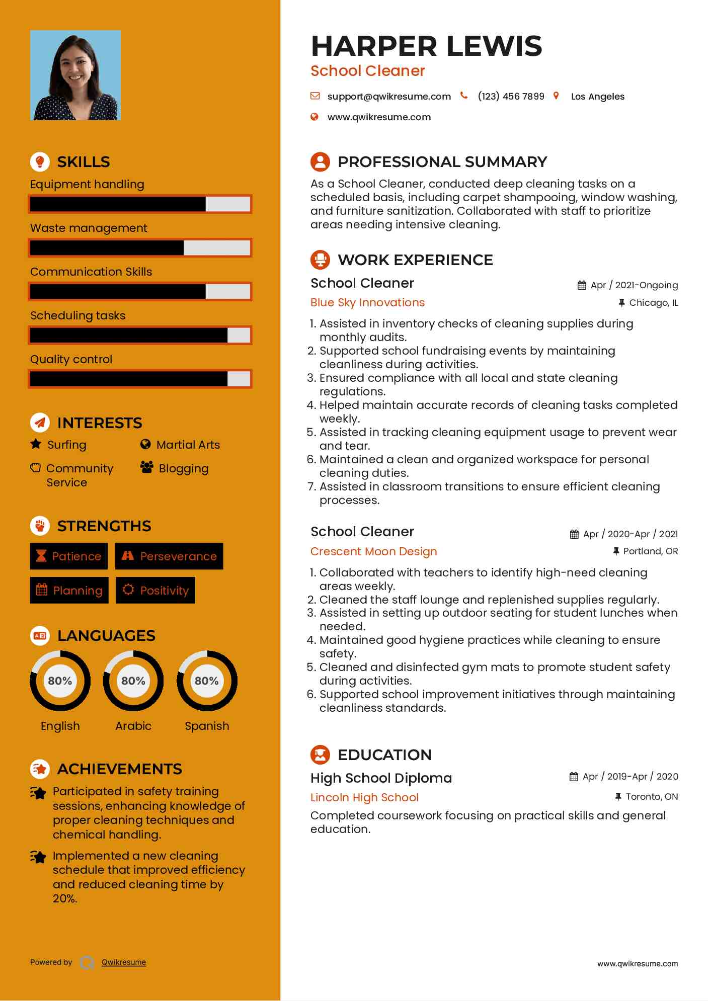 School Cleaner Resume Sample