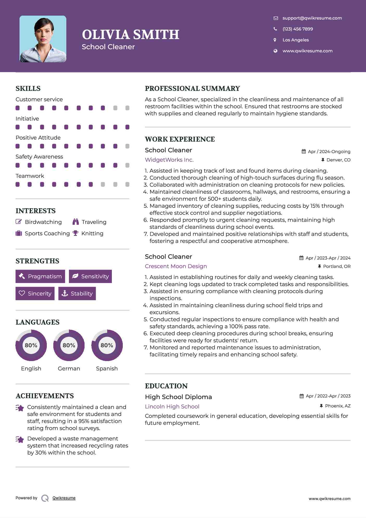 School Cleaner Resume Sample