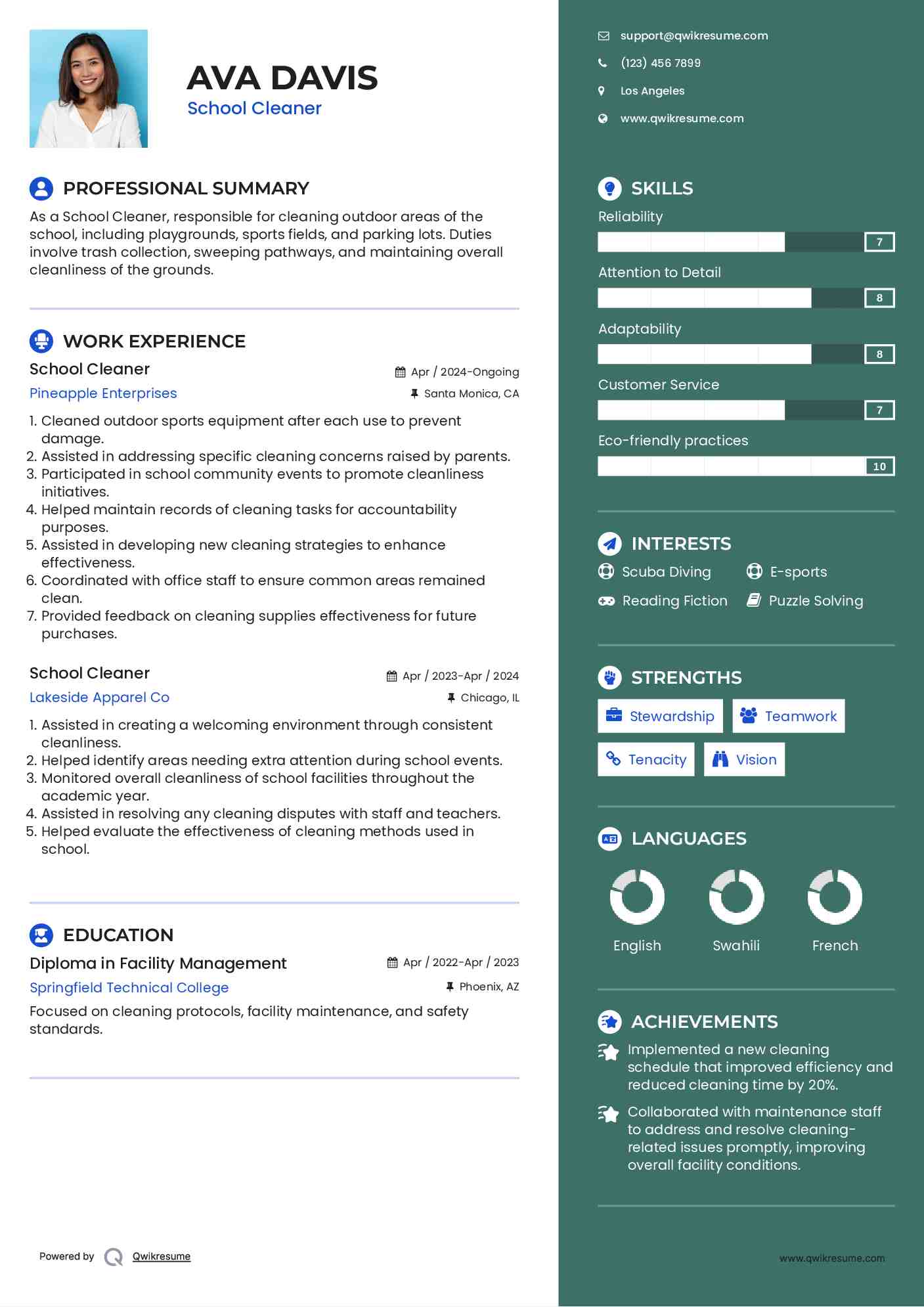 School Cleaner Resume Template