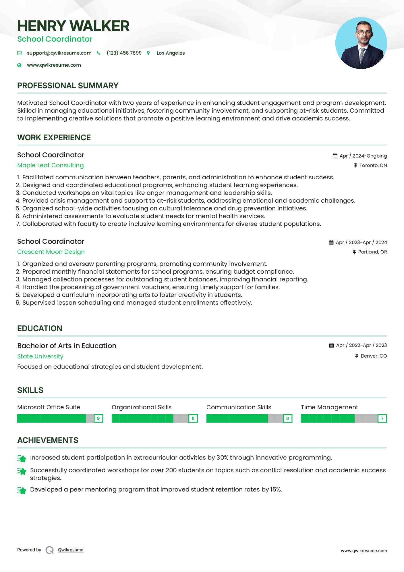School Coordinator Resume Format