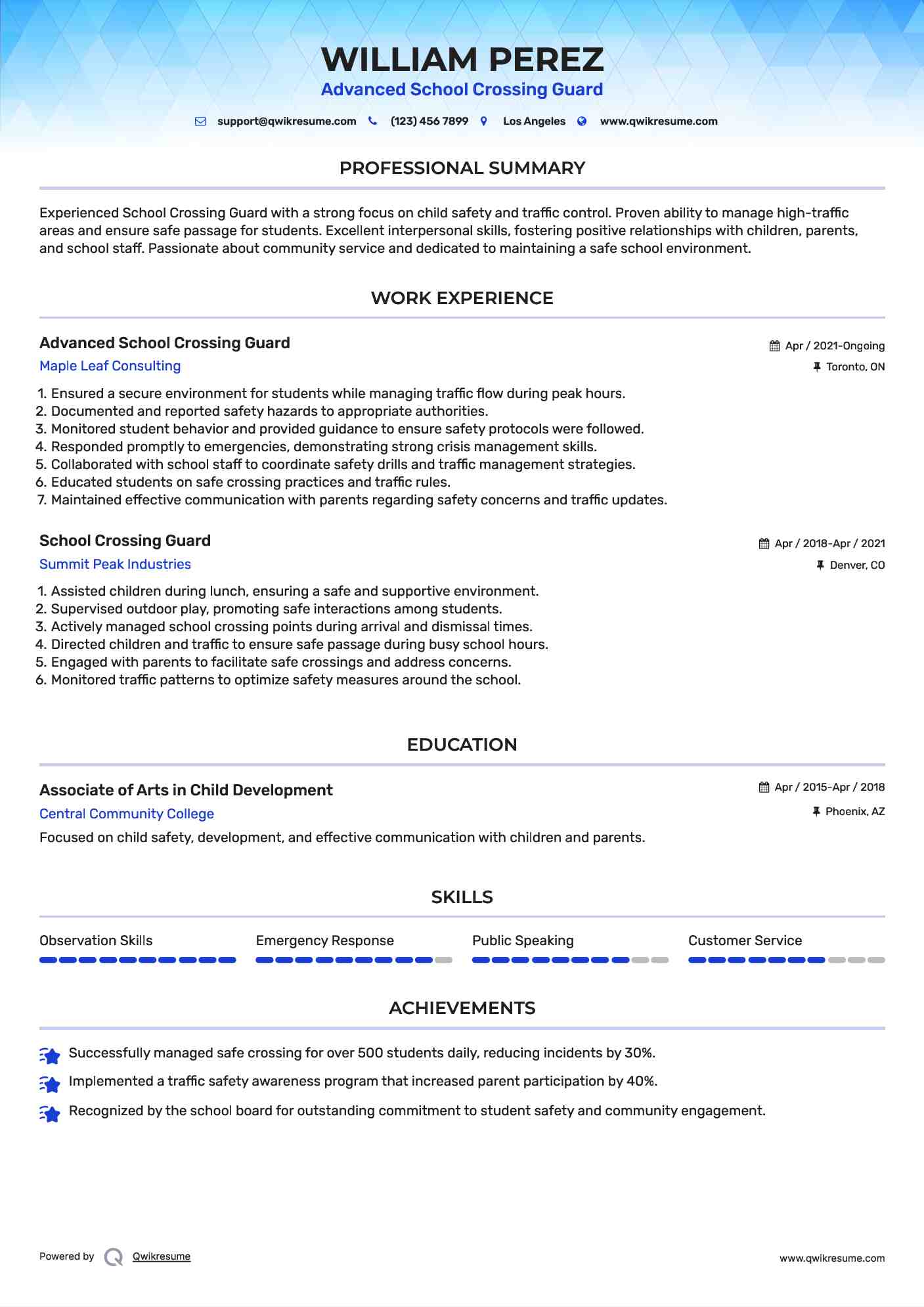 Advanced School Crossing Guard Resume Model