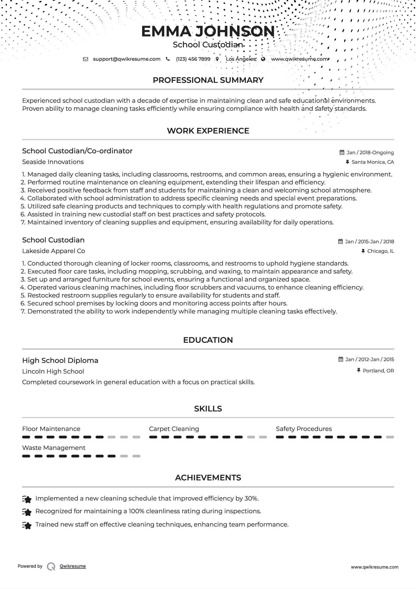 School Custodian/Co-ordinator Resume Format