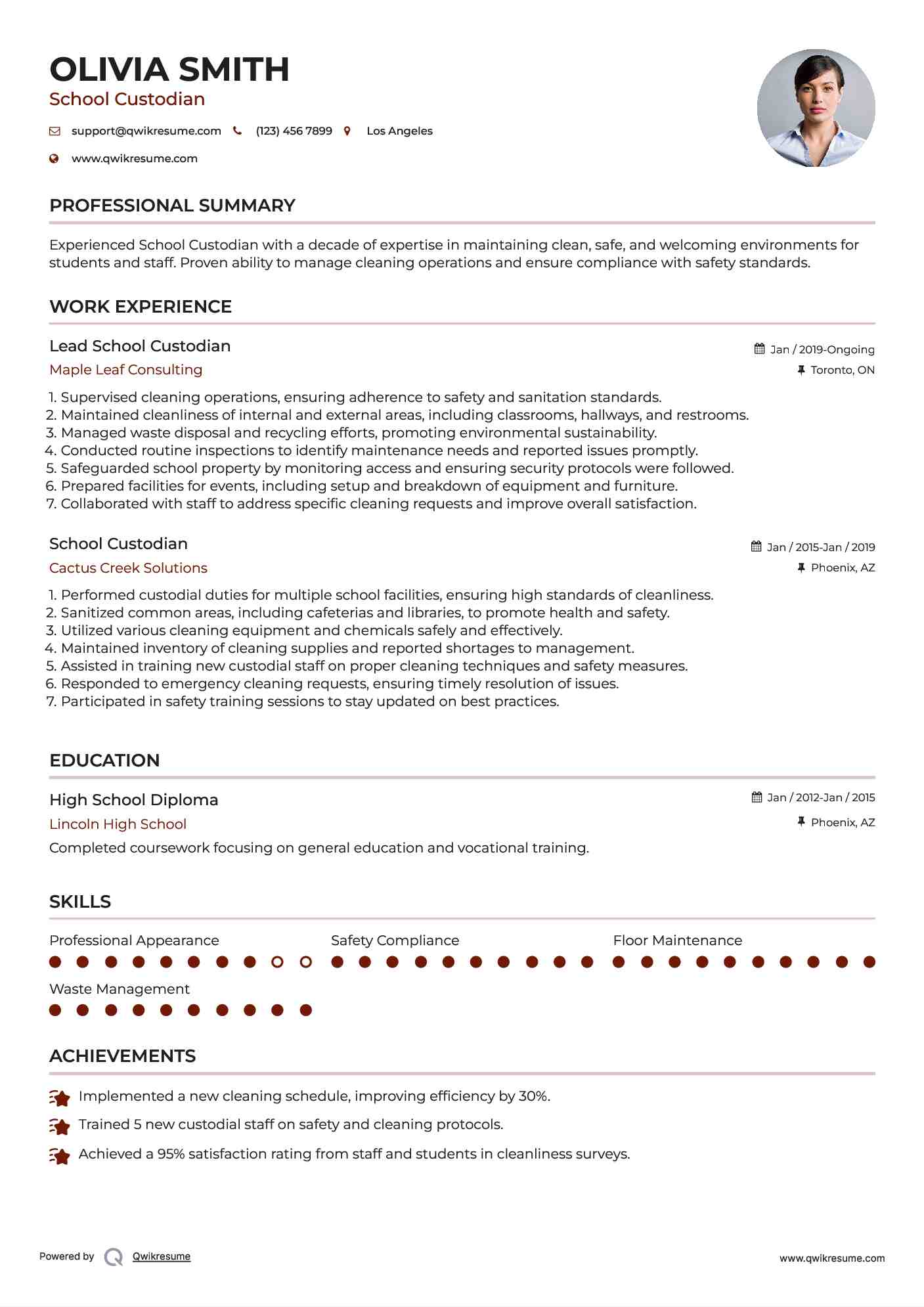 Lead School Custodian Resume Sample