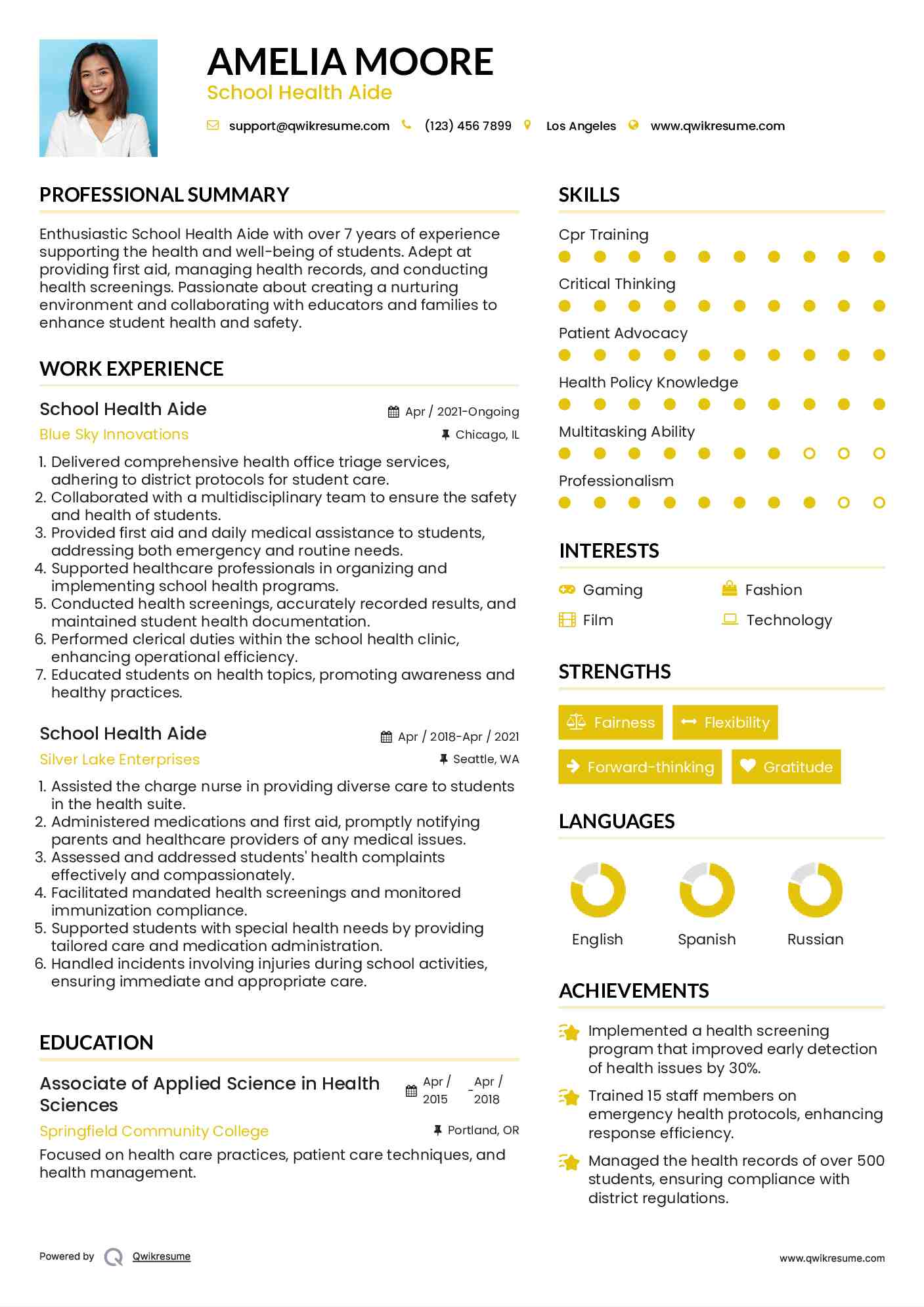 School Health Aide Resume Example