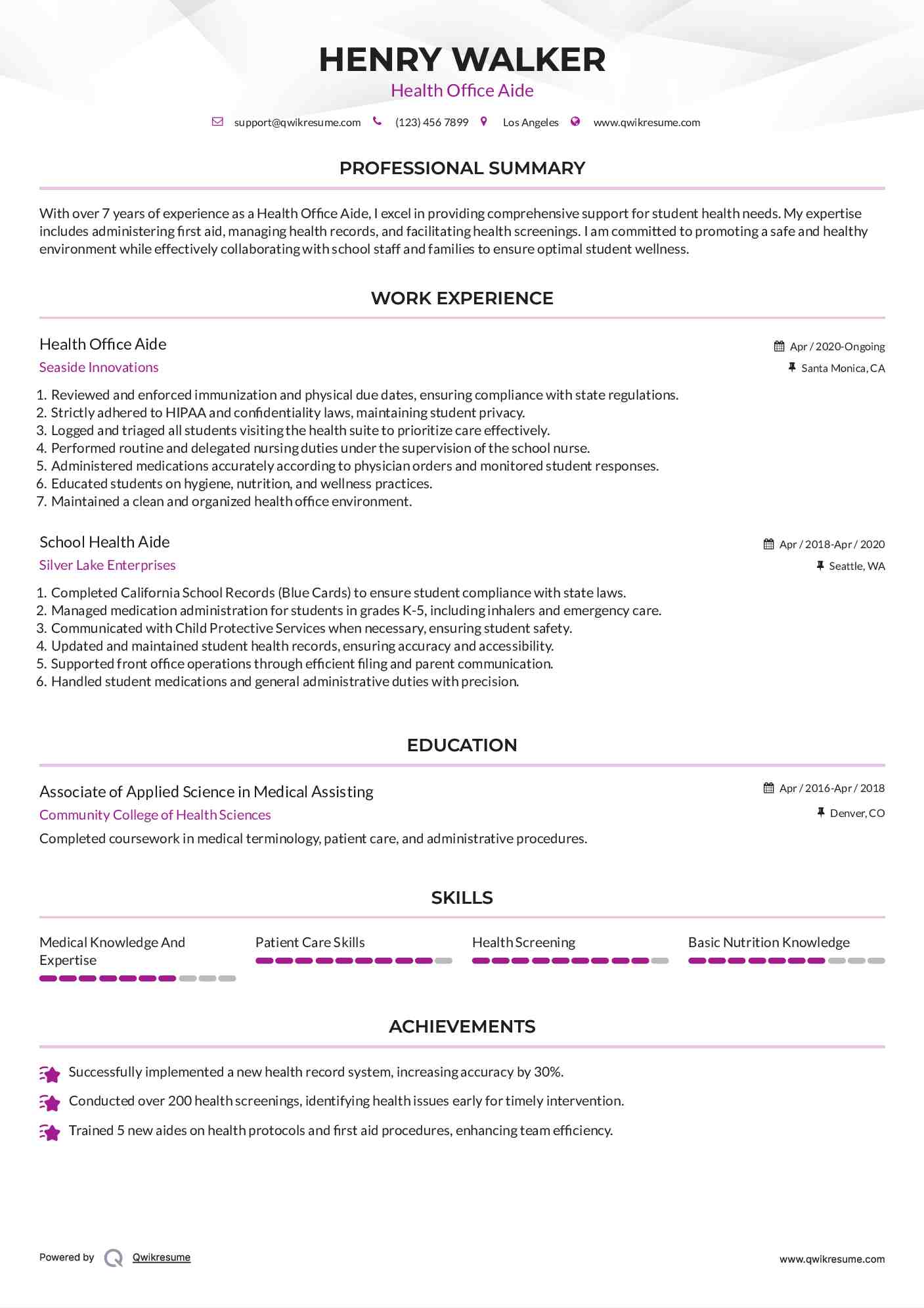 Health Office Aide Resume Example