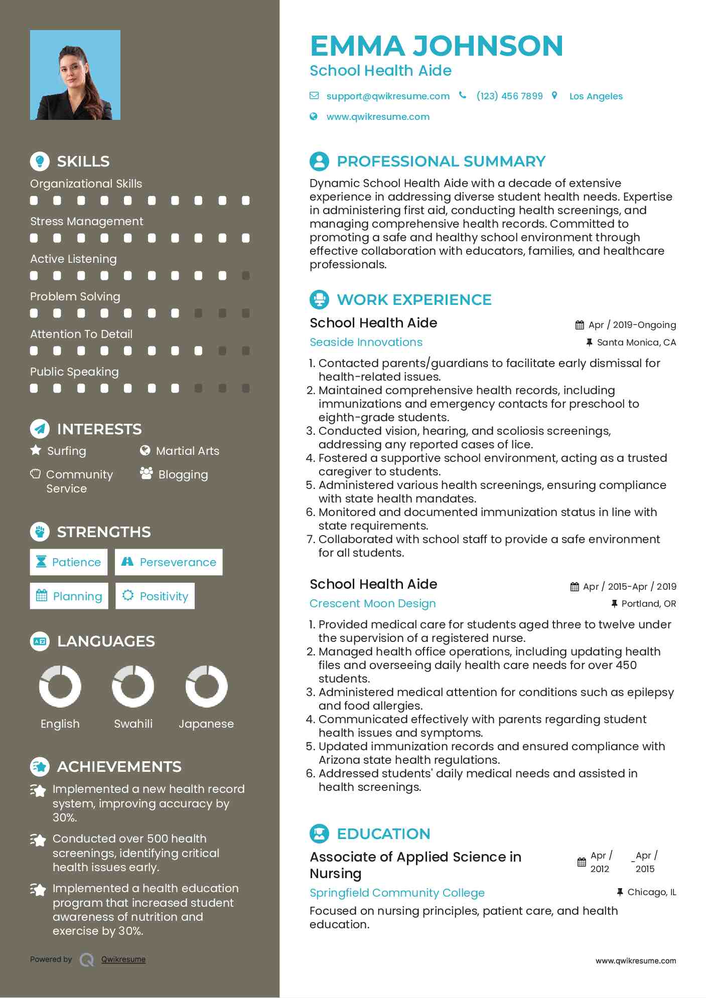 School Health Aide Resume Sample